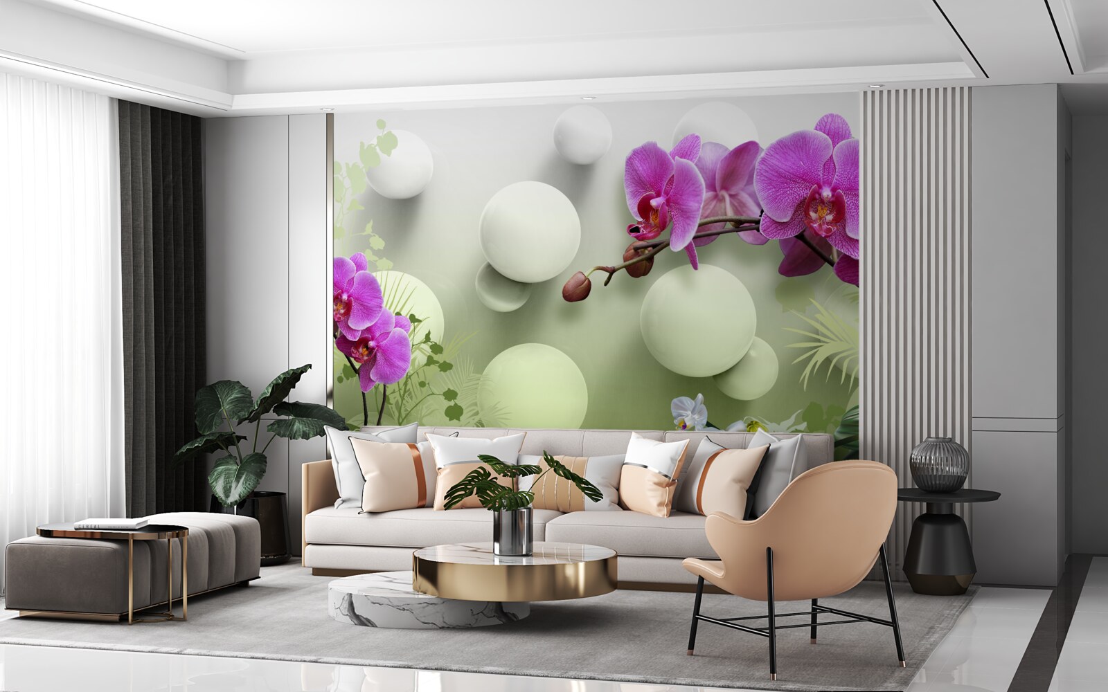 Fotobehang orchideeën in witte en paarse tinten