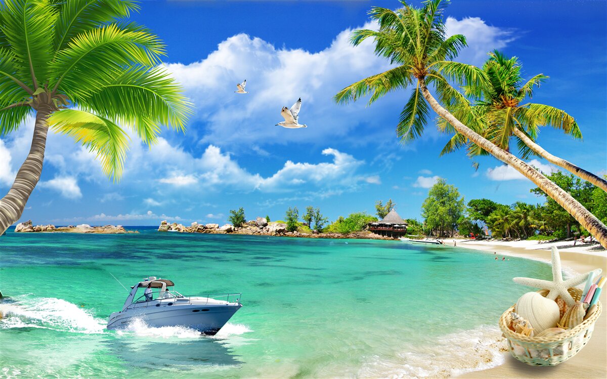 Fotobehang eilandstrand ontvangt naderend jacht