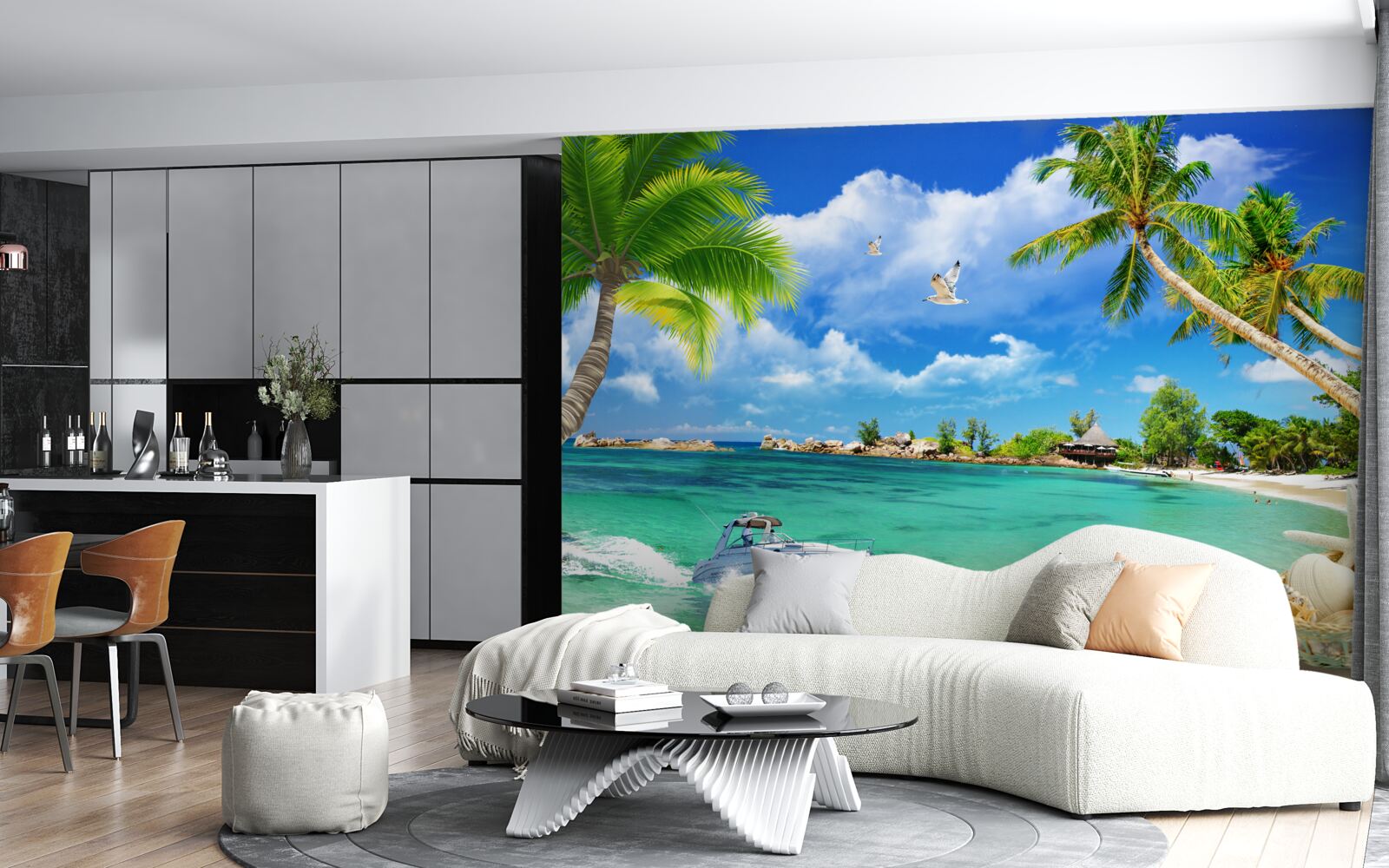 Fotobehang eilandstrand ontvangt naderend jacht