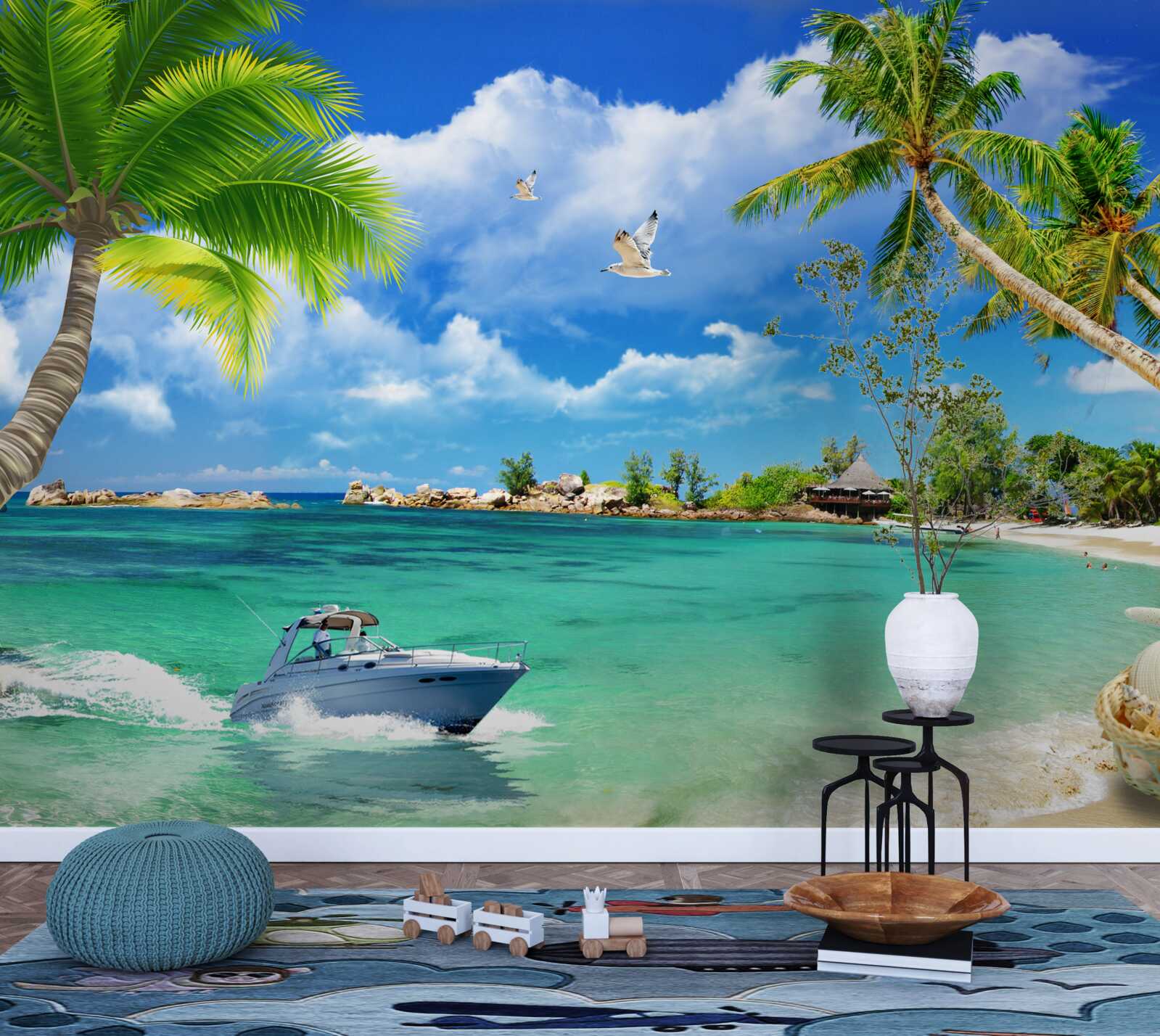 Fotobehang eilandstrand ontvangt naderend jacht