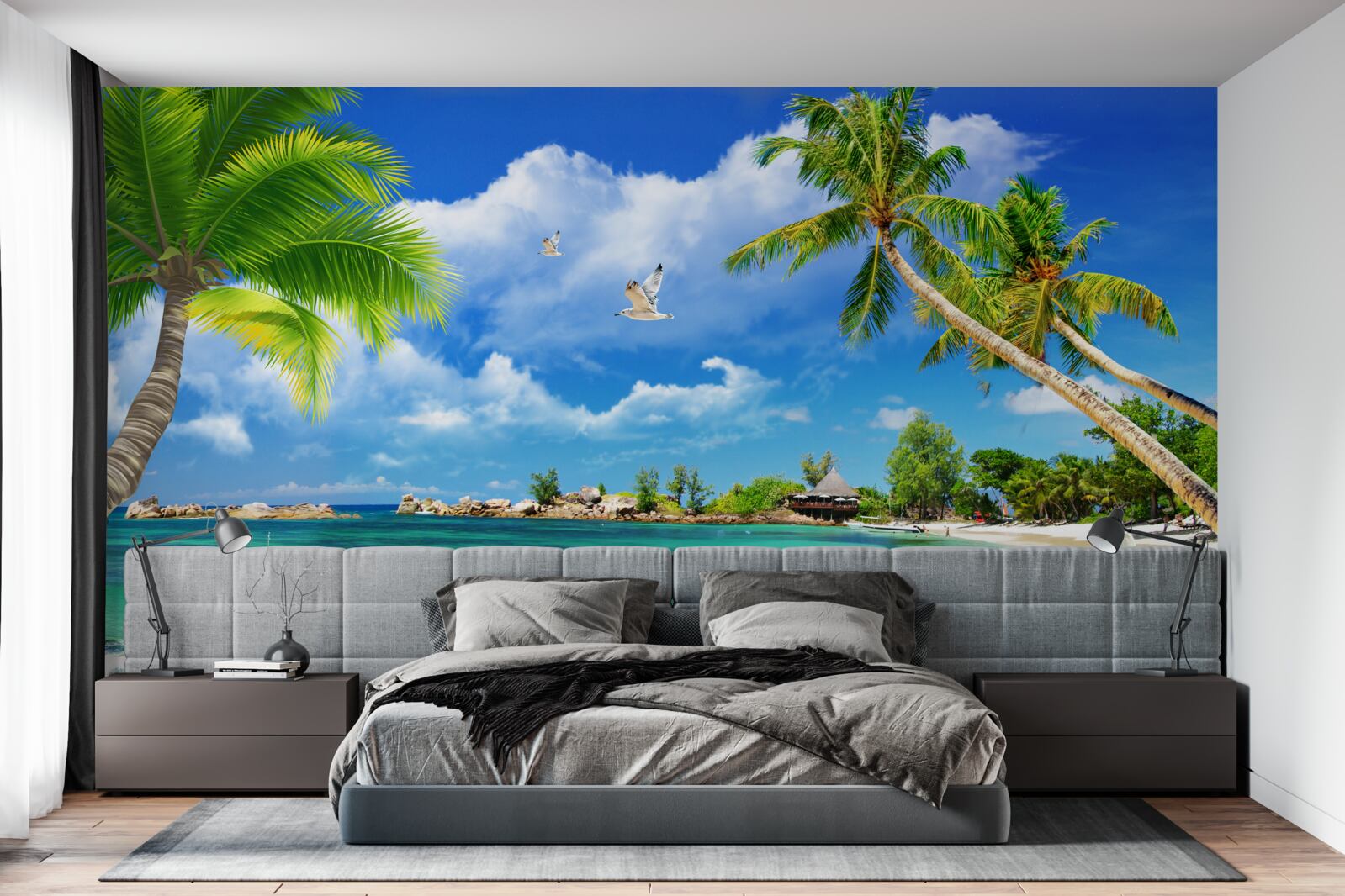 Fotobehang eilandstrand ontvangt naderend jacht