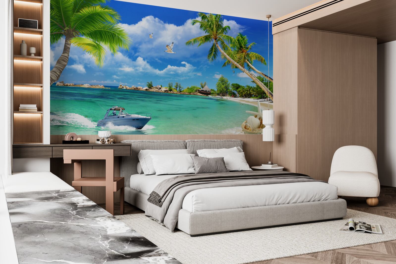 Fotobehang eilandstrand ontvangt naderend jacht