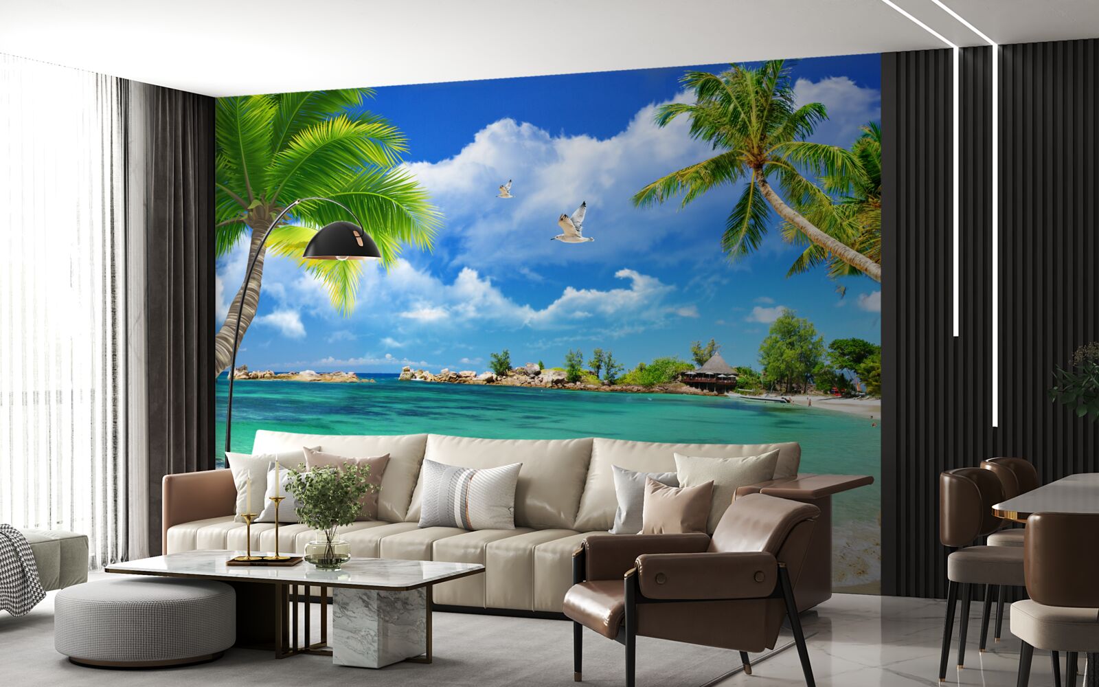 Fotobehang eilandstrand ontvangt naderend jacht