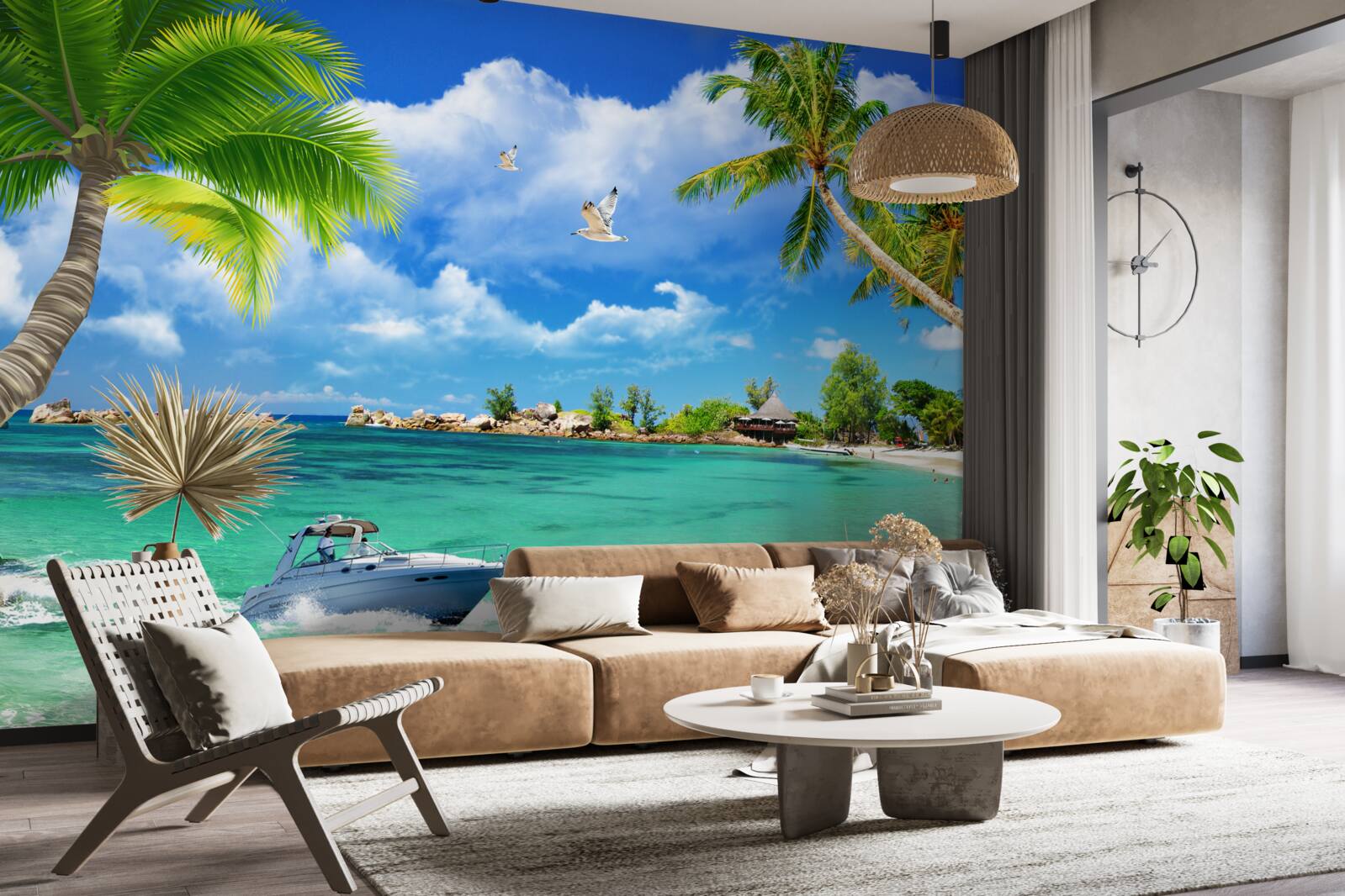 Fotobehang eilandstrand ontvangt naderend jacht