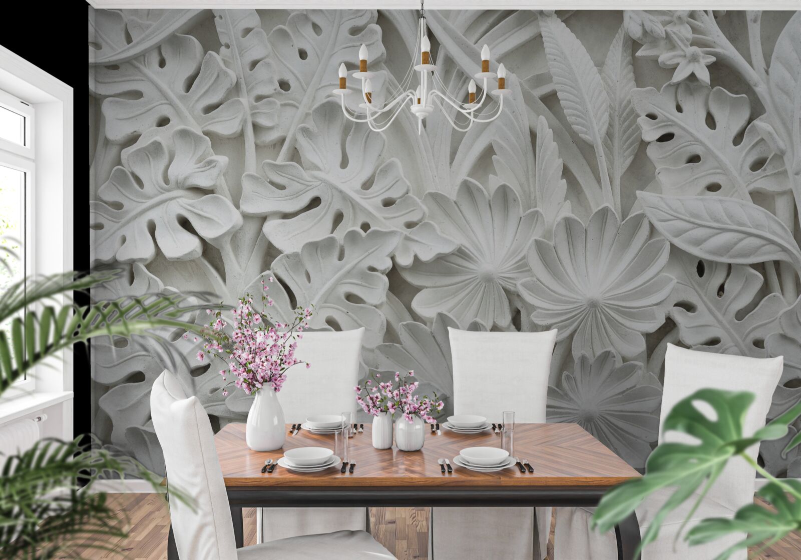 Fotobehang diverse witte tropische bladeren