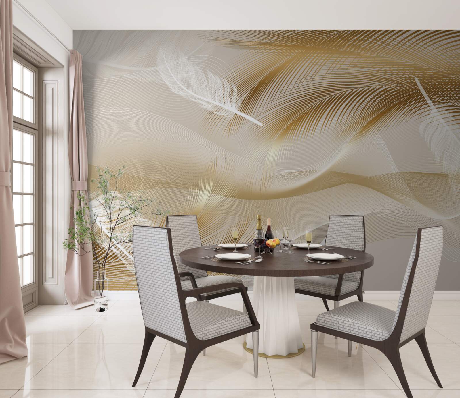 Fotobehang gouden takken en witte dons