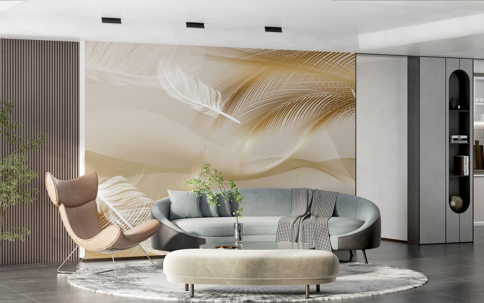 Fotobehang gouden takken en witte dons