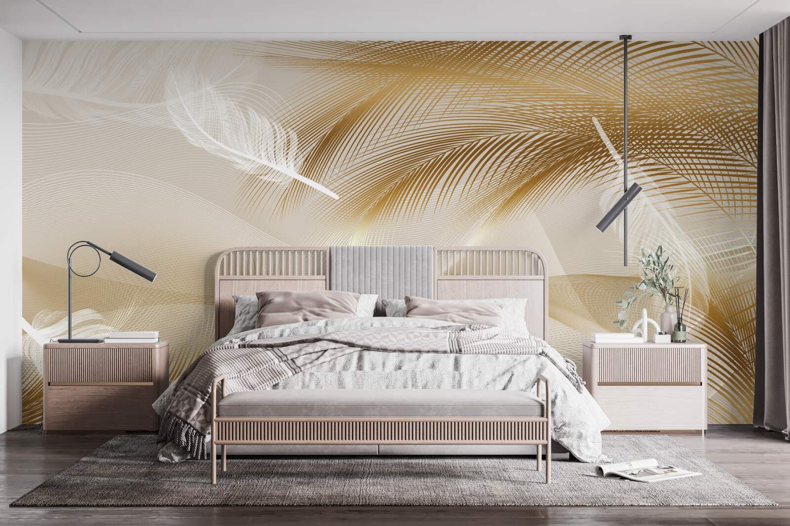 Fotobehang gouden takken en witte dons