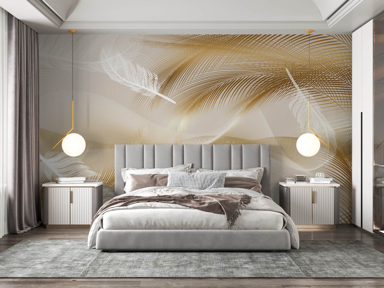 Fotobehang gouden takken en witte dons