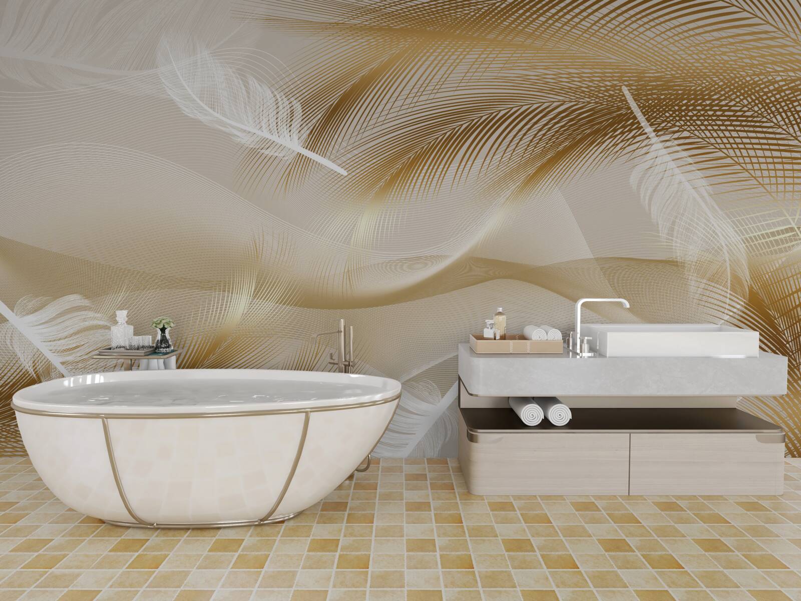 Fotobehang gouden takken en witte dons