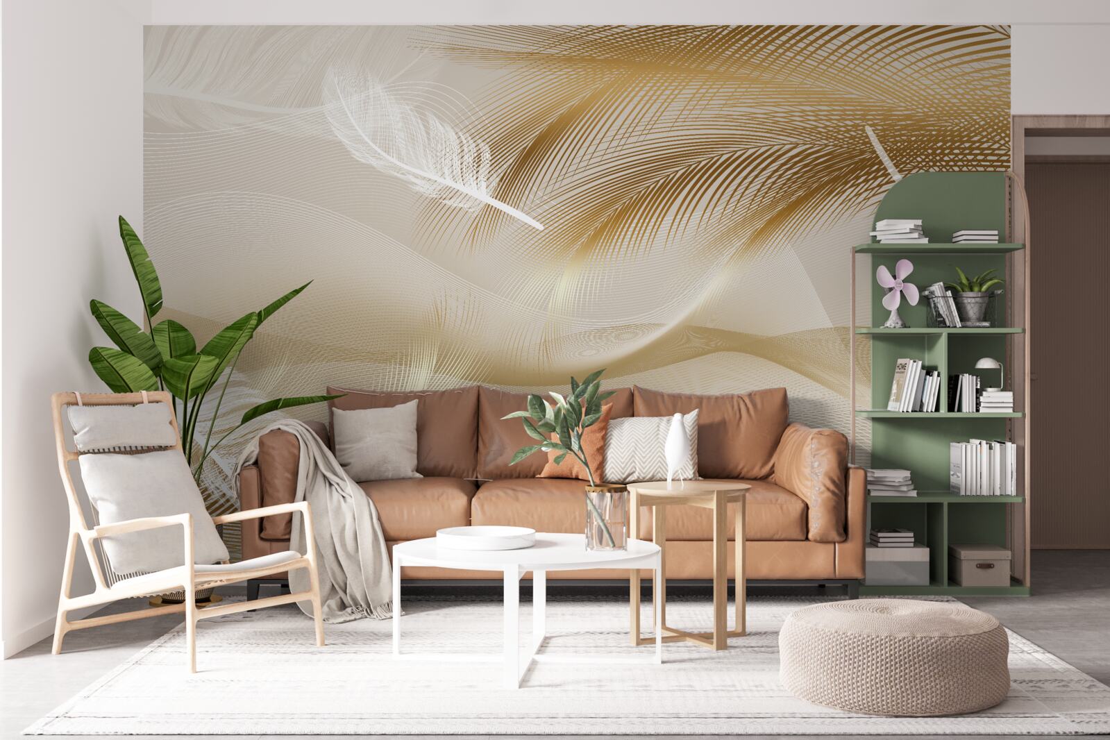 Fotobehang gouden takken en witte dons