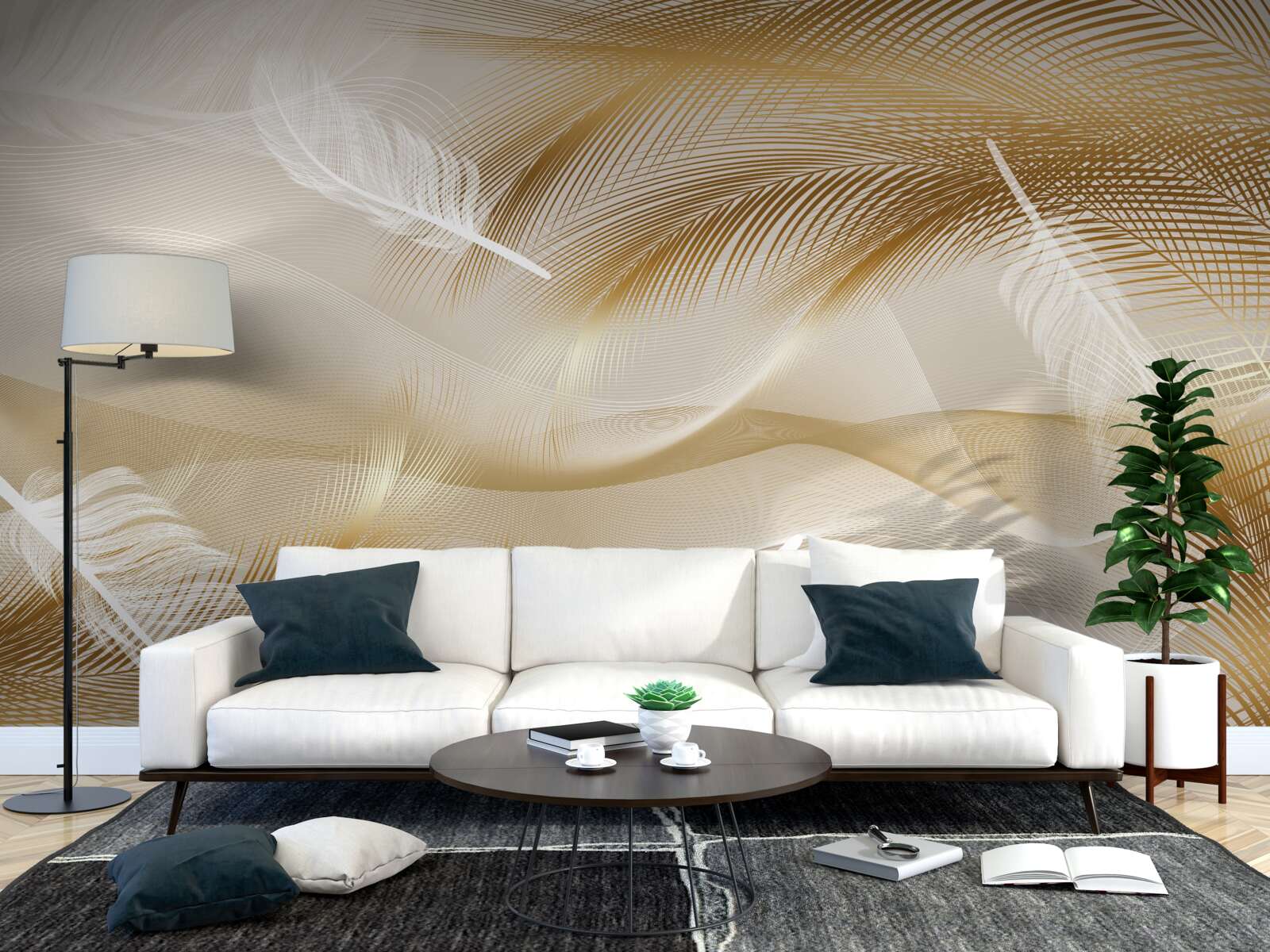 Fotobehang gouden takken en witte dons