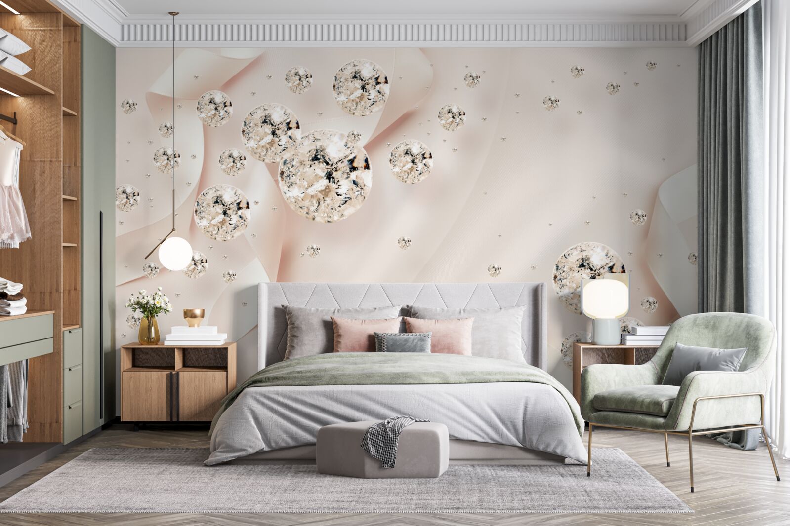 Fotobehang witte diamanten op een delicate roze achtergrond