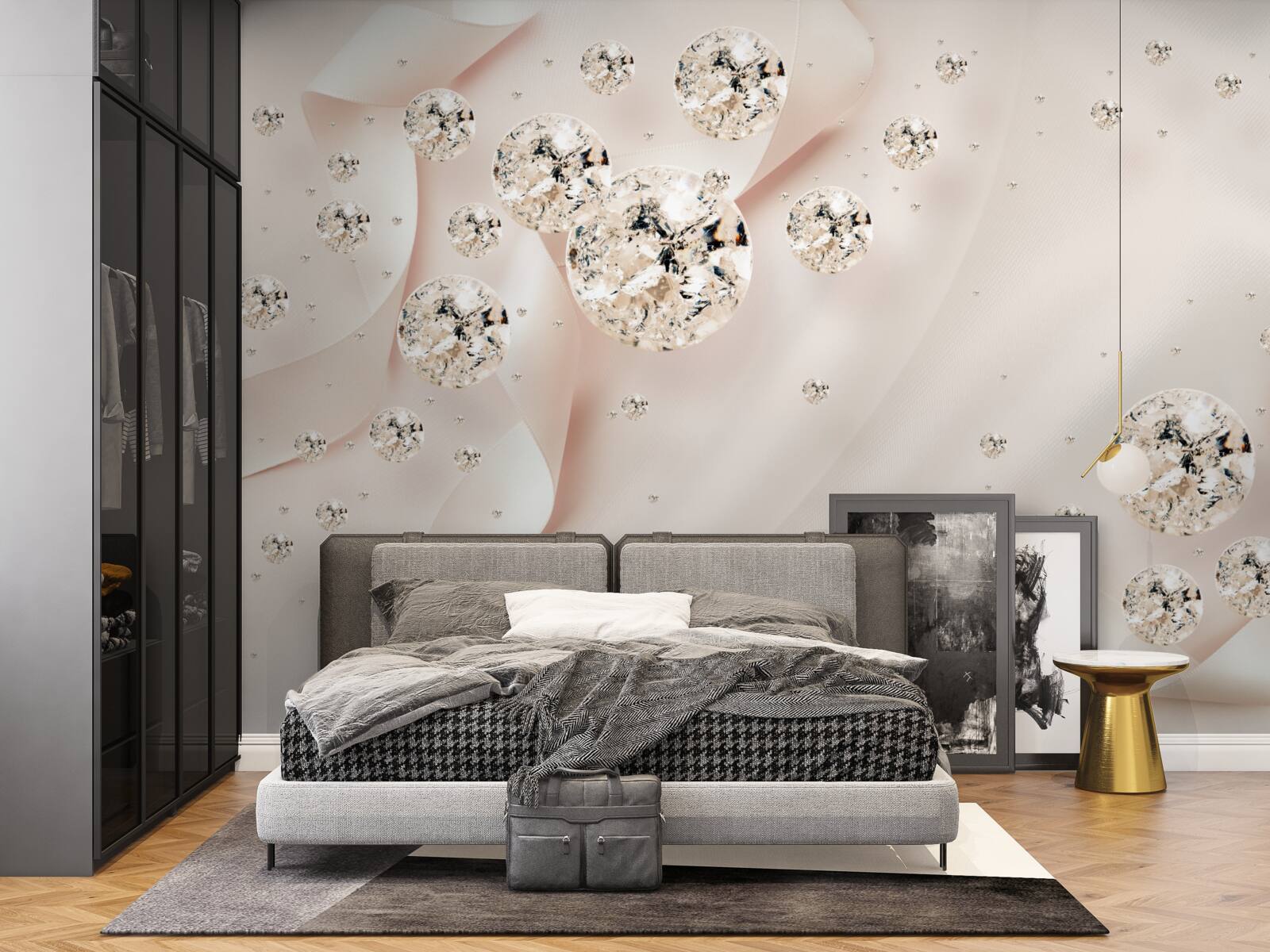 Fotobehang witte diamanten op een delicate roze achtergrond