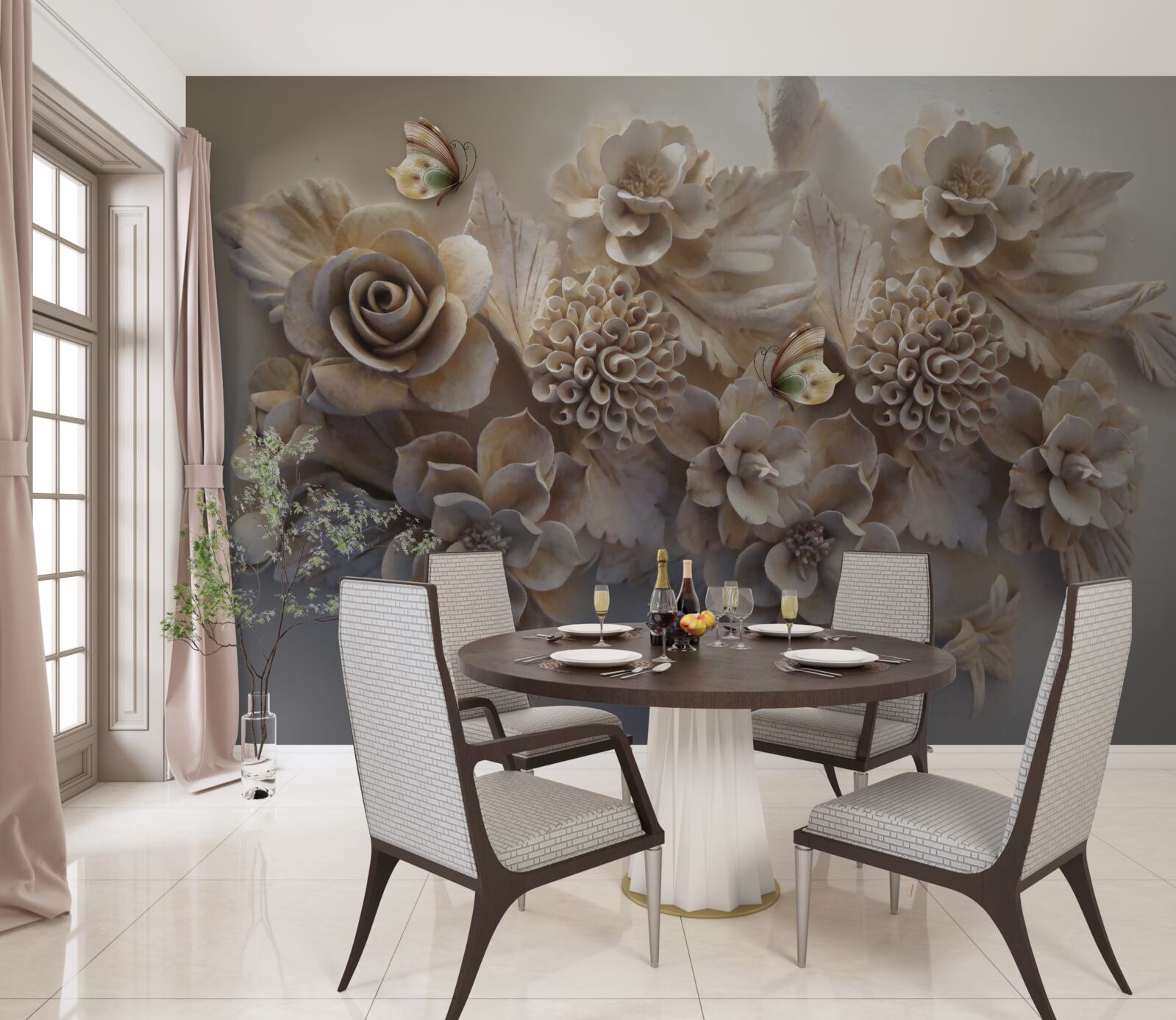 Fotobehang set grote bloemen in crèmetinten