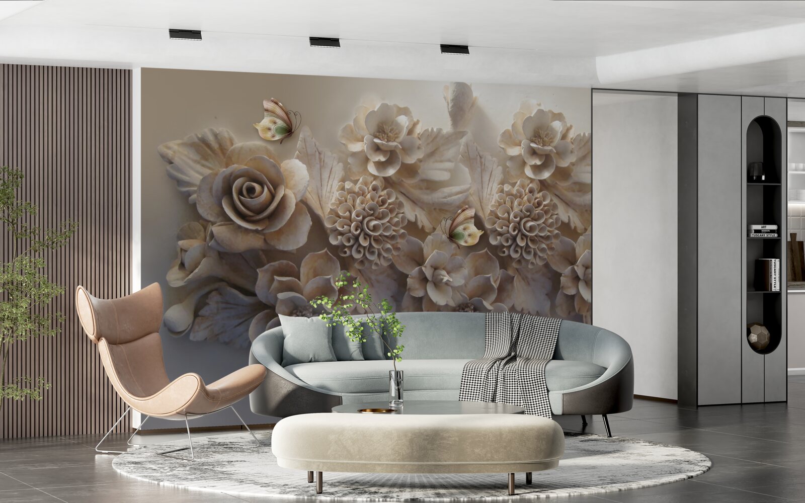 Fotobehang set grote bloemen in crèmetinten