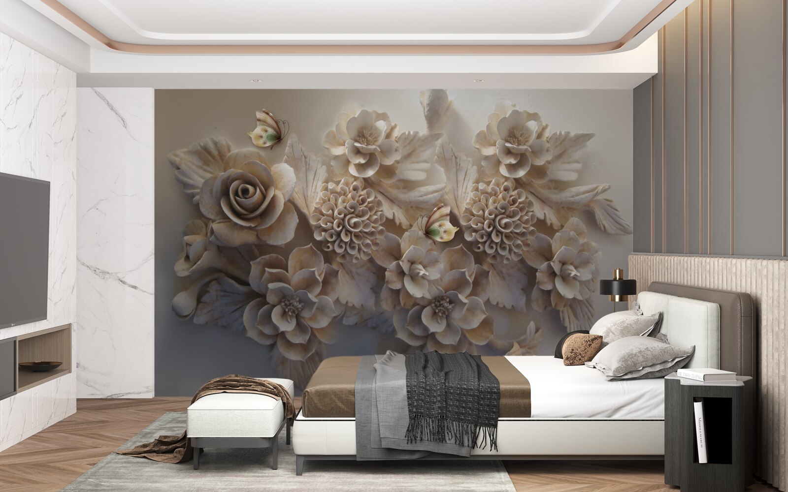 Fotobehang set grote bloemen in crèmetinten