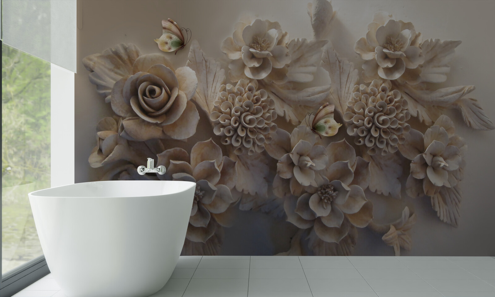 Fotobehang set grote bloemen in crèmetinten