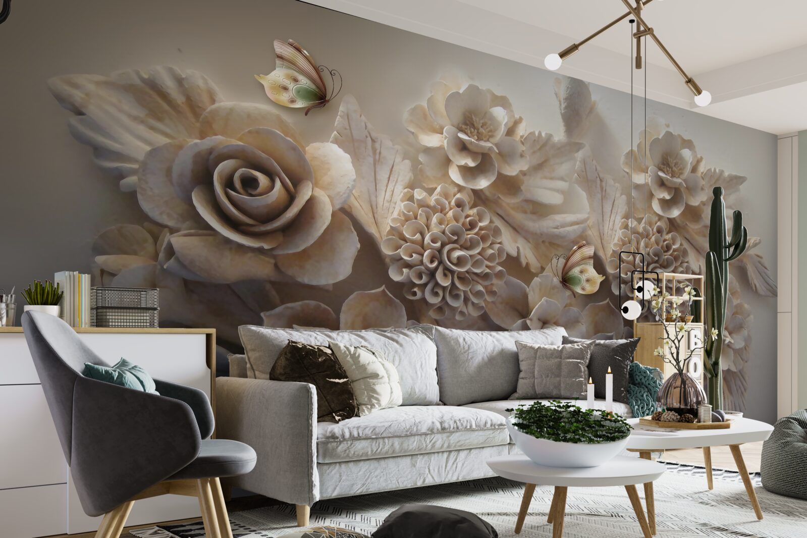 Fotobehang set grote bloemen in crèmetinten