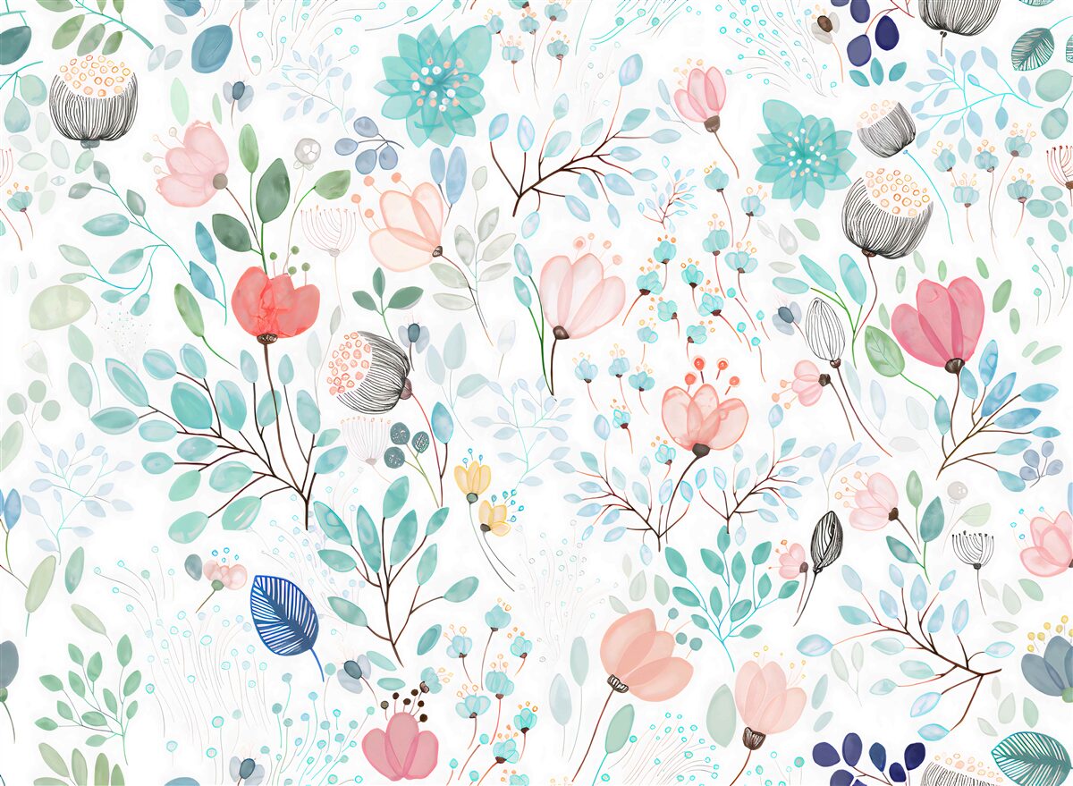 Fotobehang aquarel bloemen en bladeren in delicate tinten