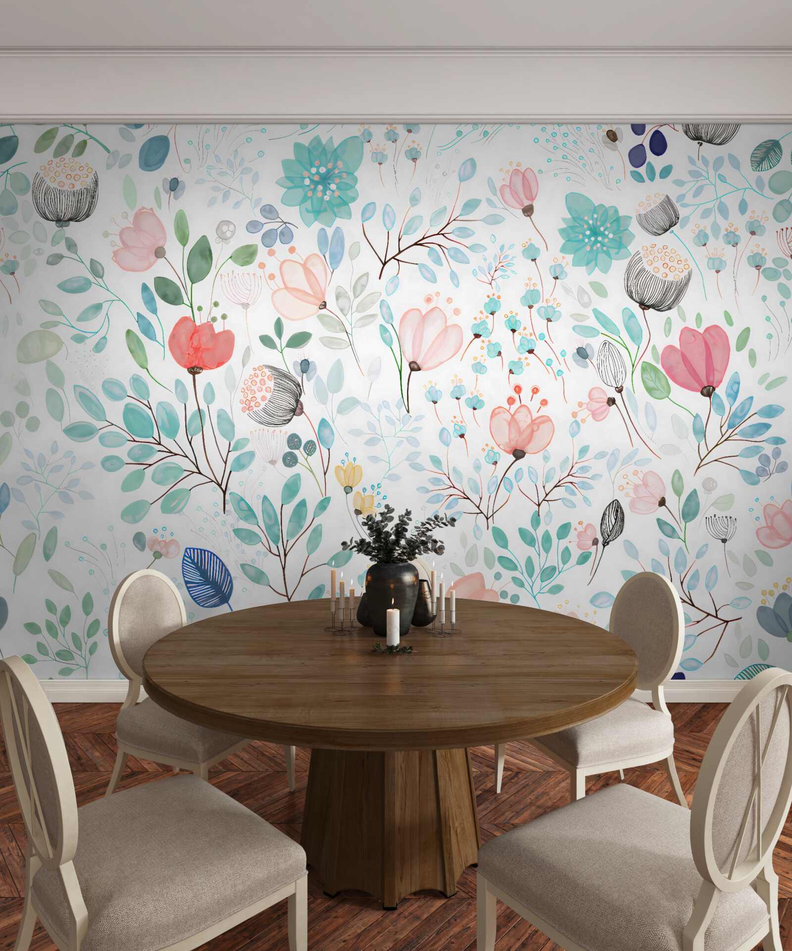 Fotobehang aquarel bloemen en bladeren in delicate tinten