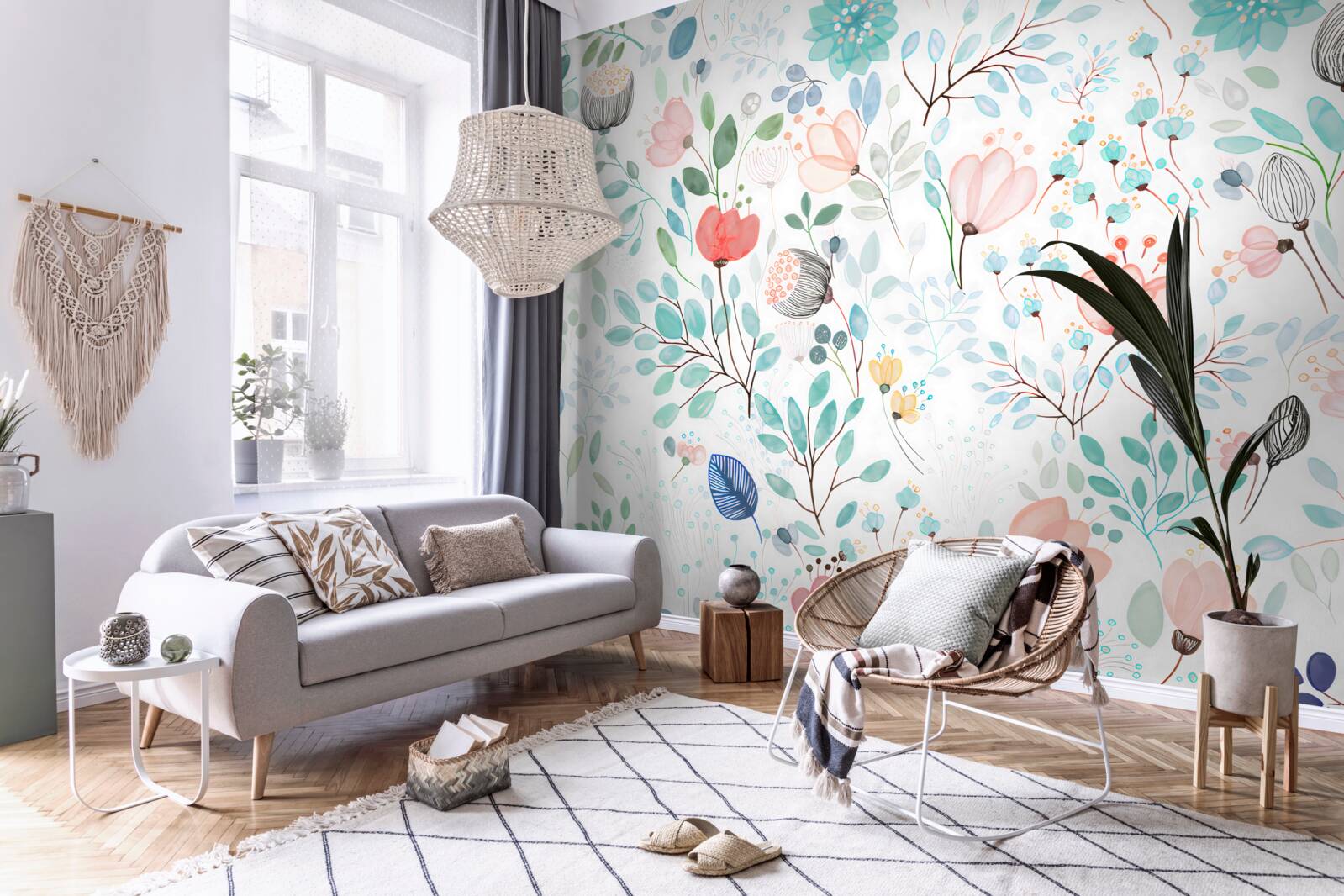 Fotobehang aquarel bloemen en bladeren in delicate tinten