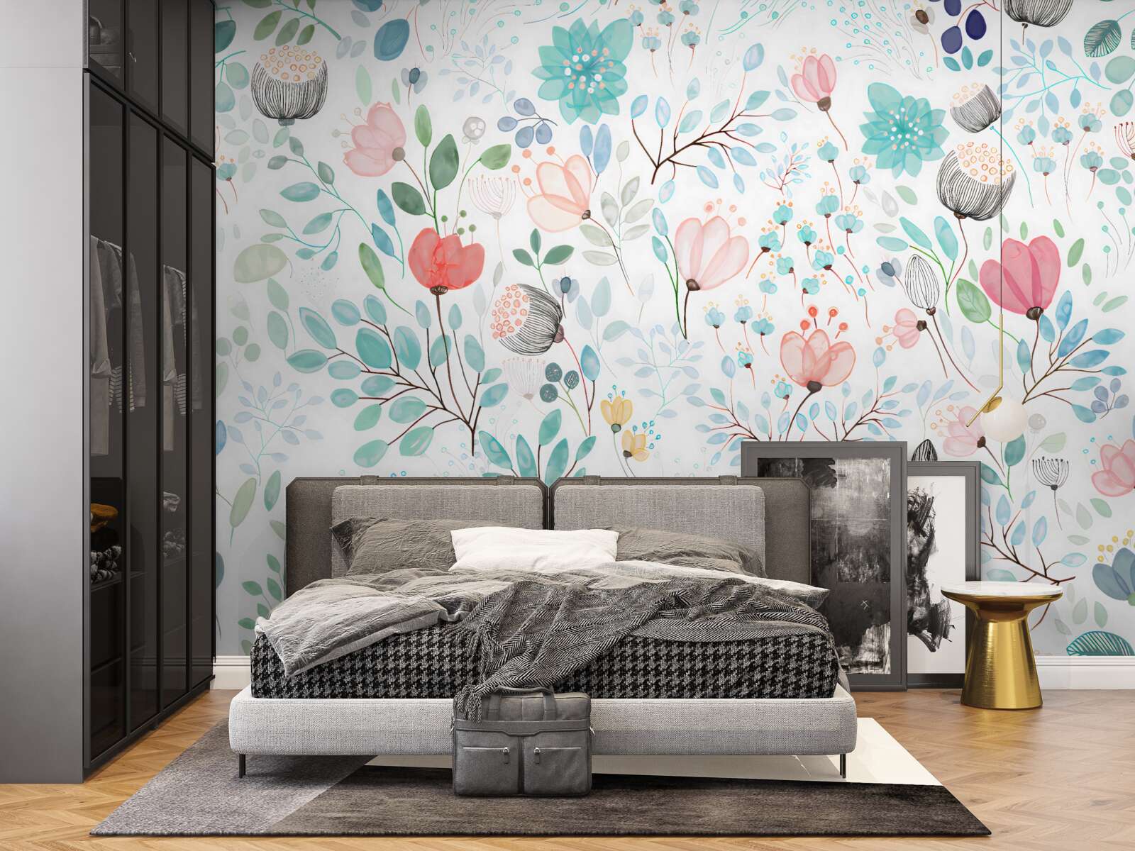 Fotobehang aquarel bloemen en bladeren in delicate tinten