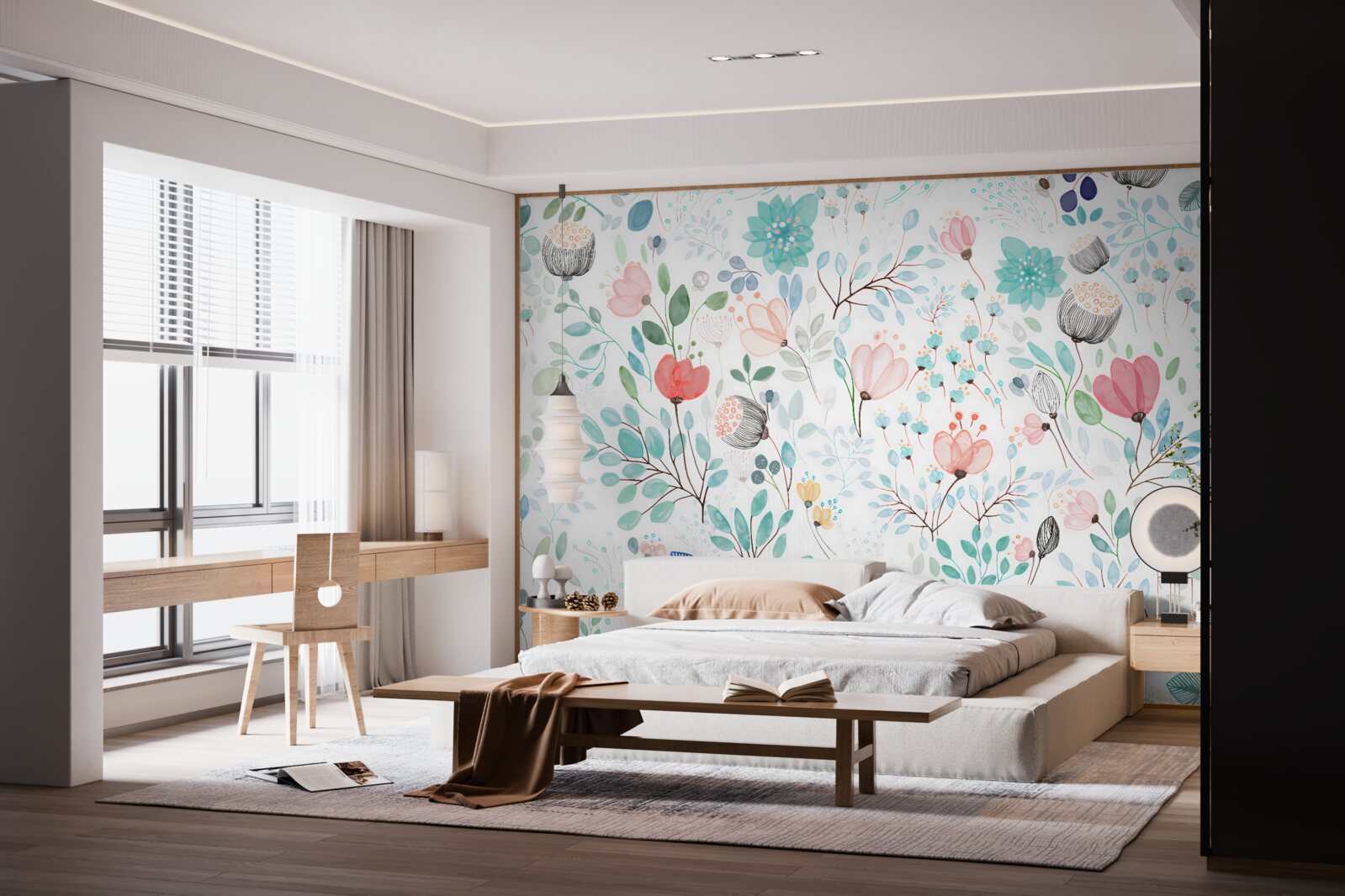 Fotobehang aquarel bloemen en bladeren in delicate tinten