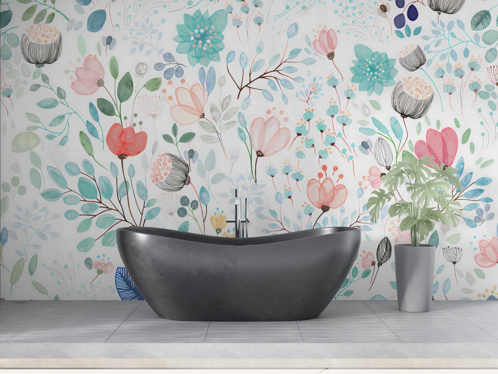 Fotobehang aquarel bloemen en bladeren in delicate tinten