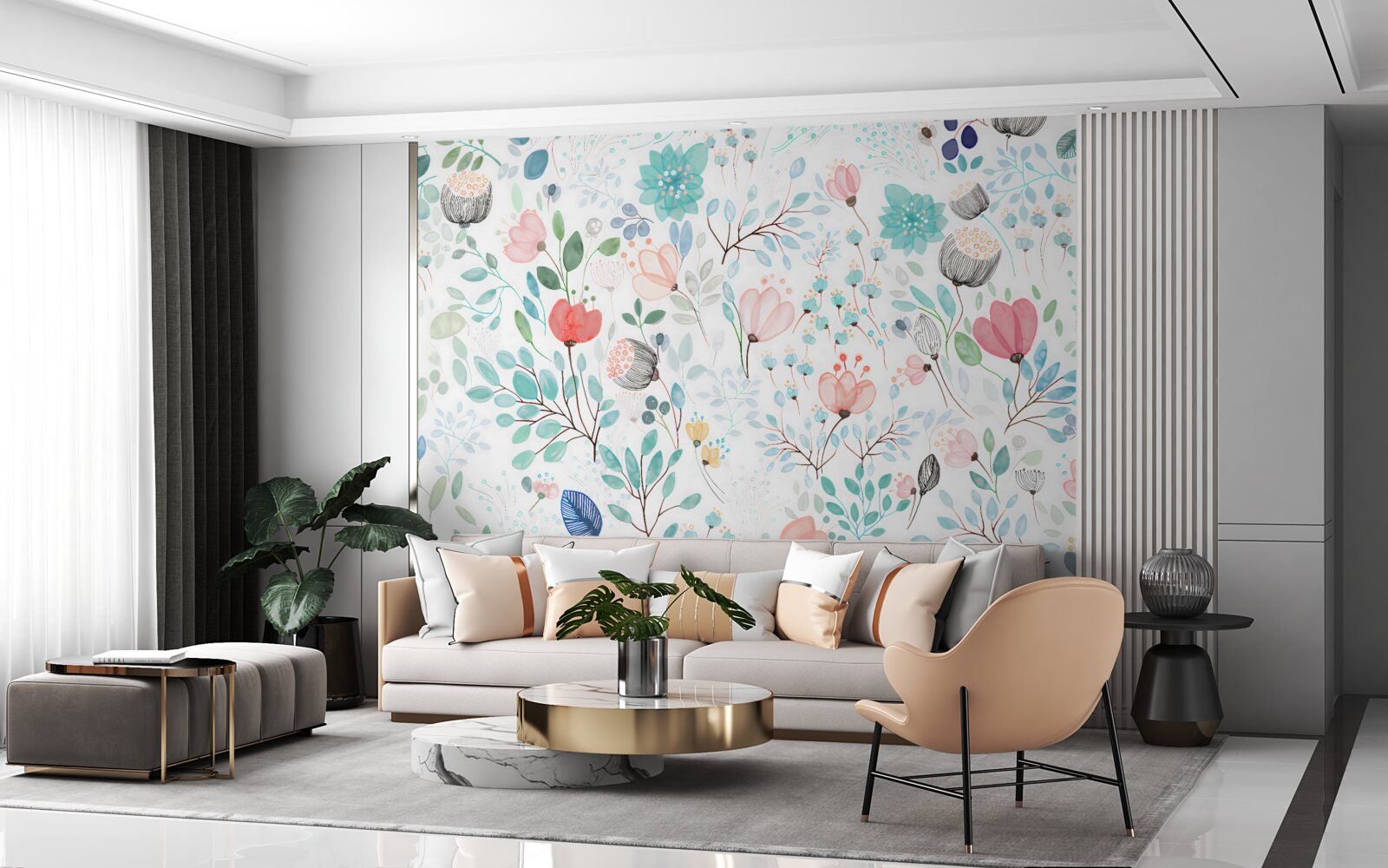 Fotobehang aquarel bloemen en bladeren in delicate tinten