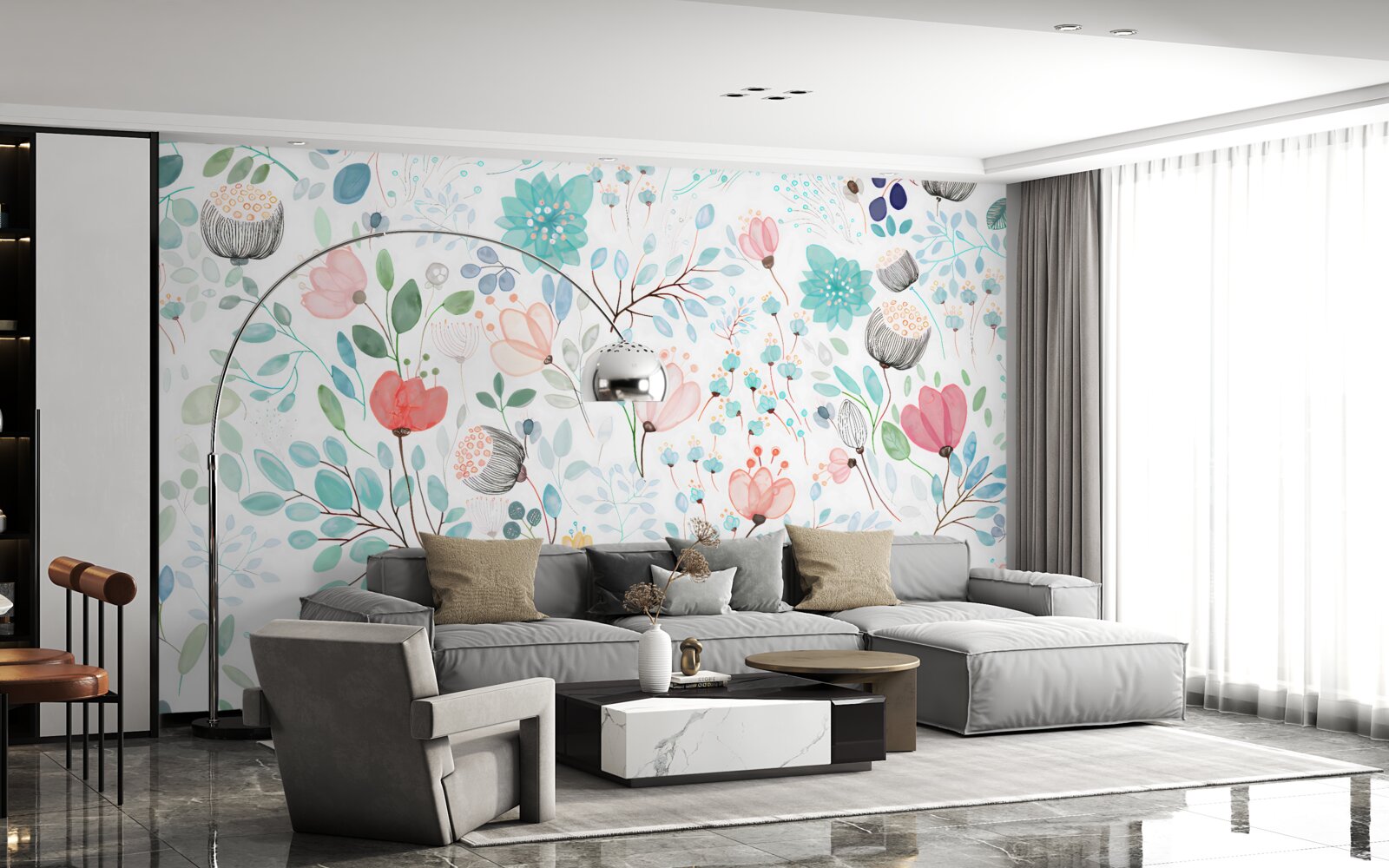 Fotobehang aquarel bloemen en bladeren in delicate tinten