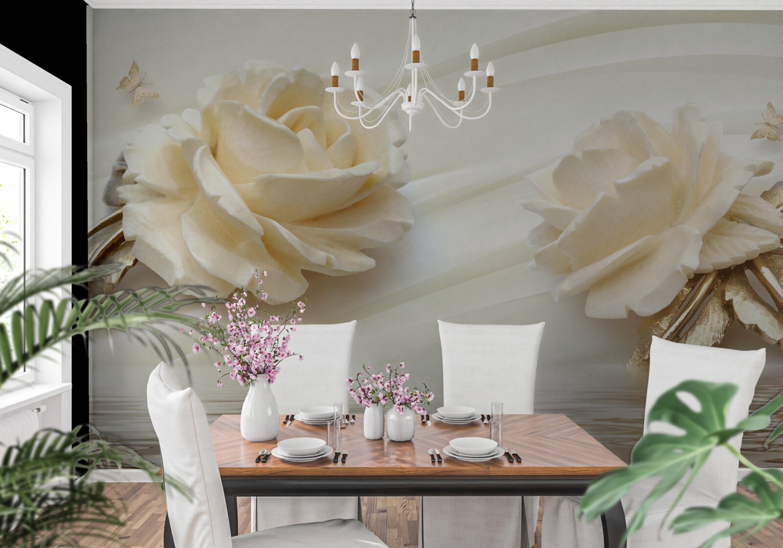 Fotobehang twee grote beige rozenbloemen