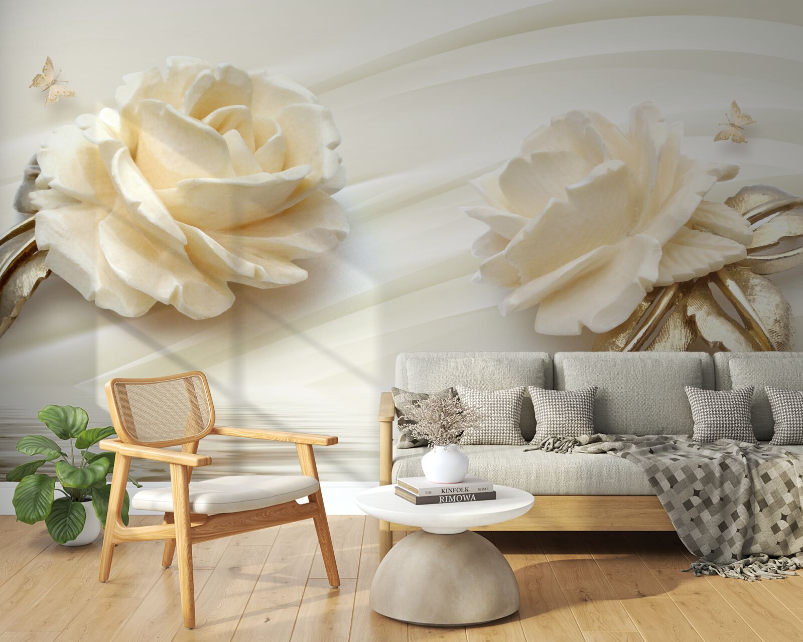 Fotobehang twee grote beige rozenbloemen