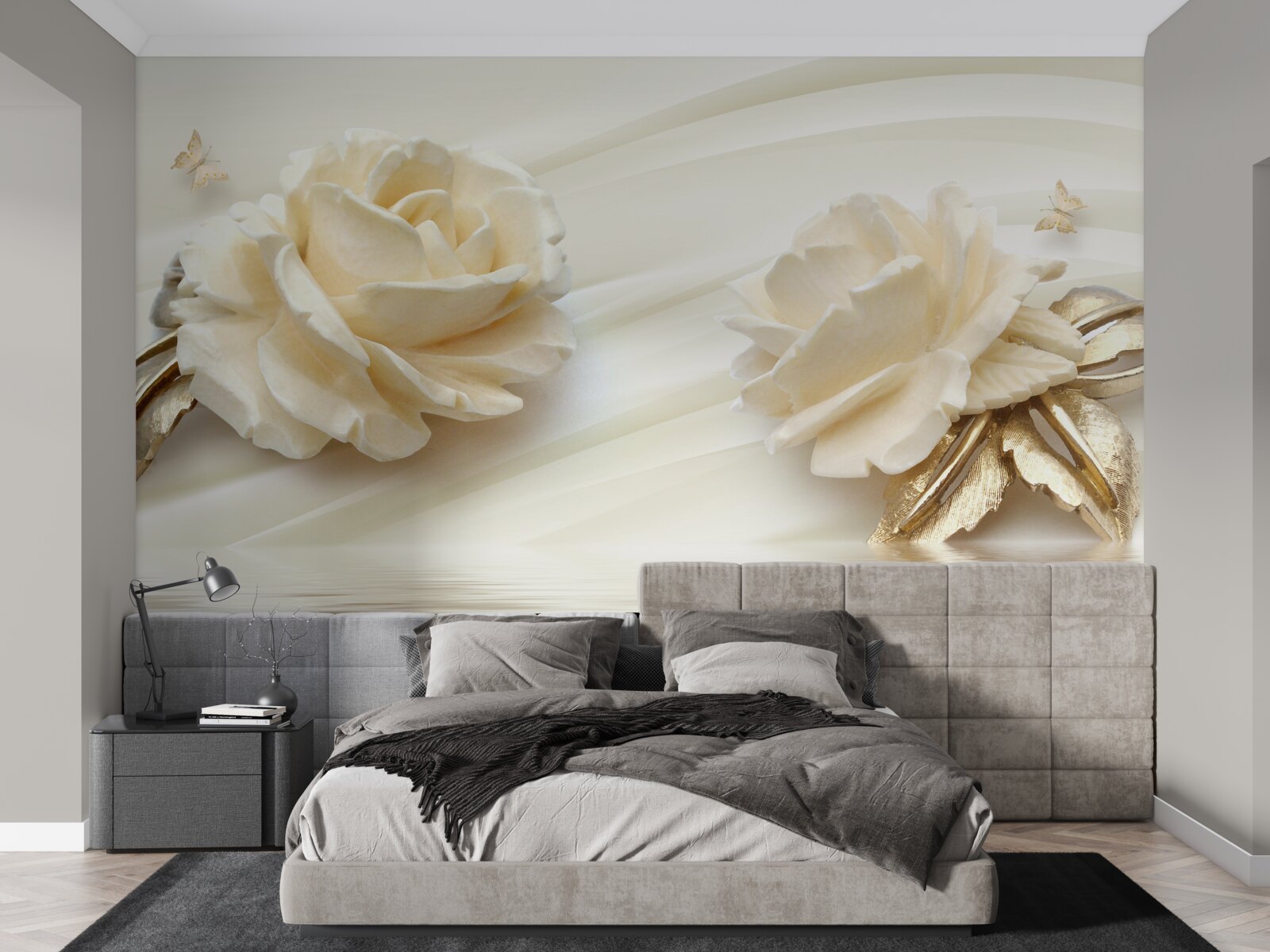 Fotobehang twee grote beige rozenbloemen