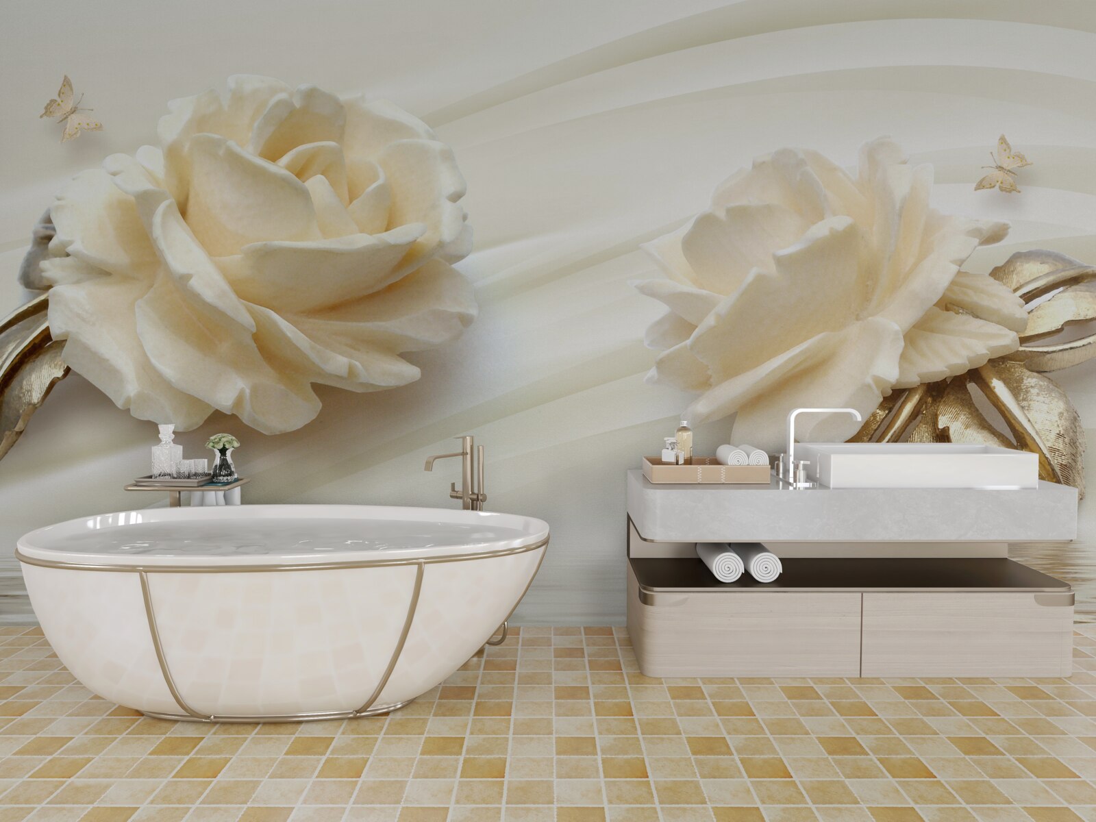 Fotobehang twee grote beige rozenbloemen