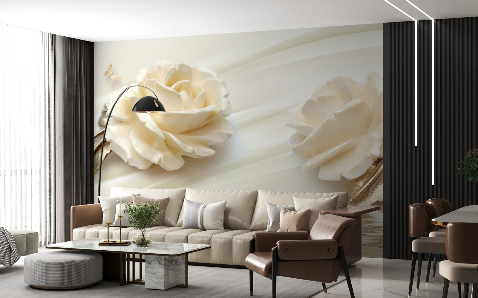 Fotobehang twee grote beige rozenbloemen