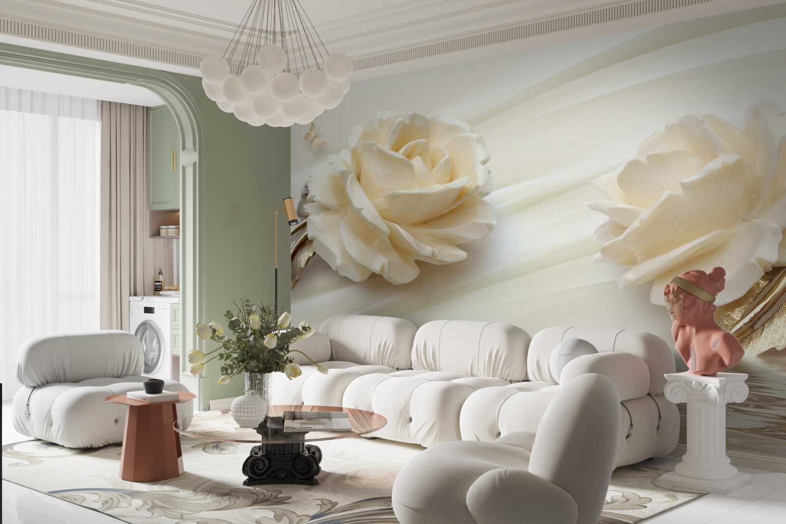 Fotobehang twee grote beige rozenbloemen