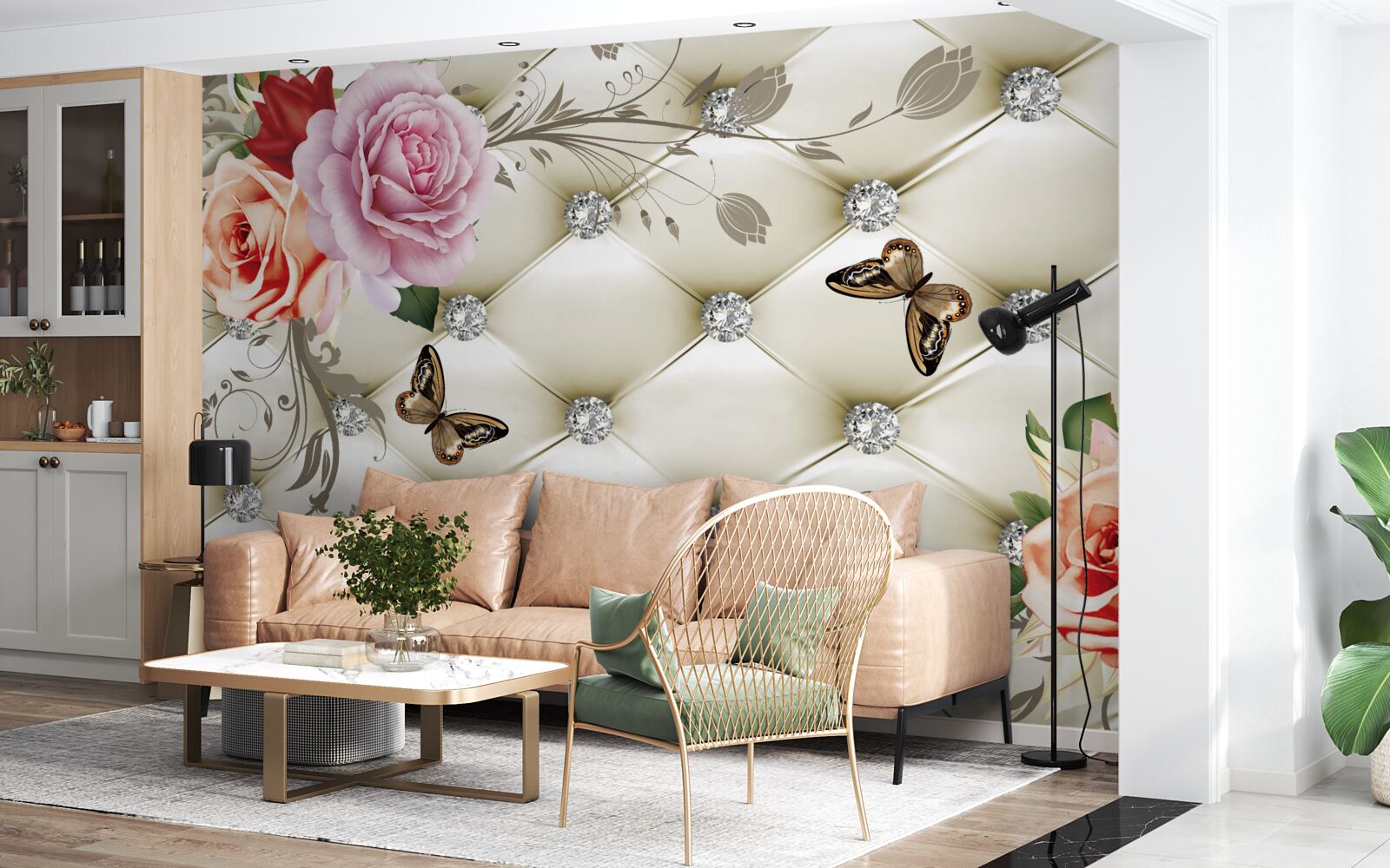 Fotobehang Muur versierd met rozen en vlinders op een witte gewatteerde achtergrond