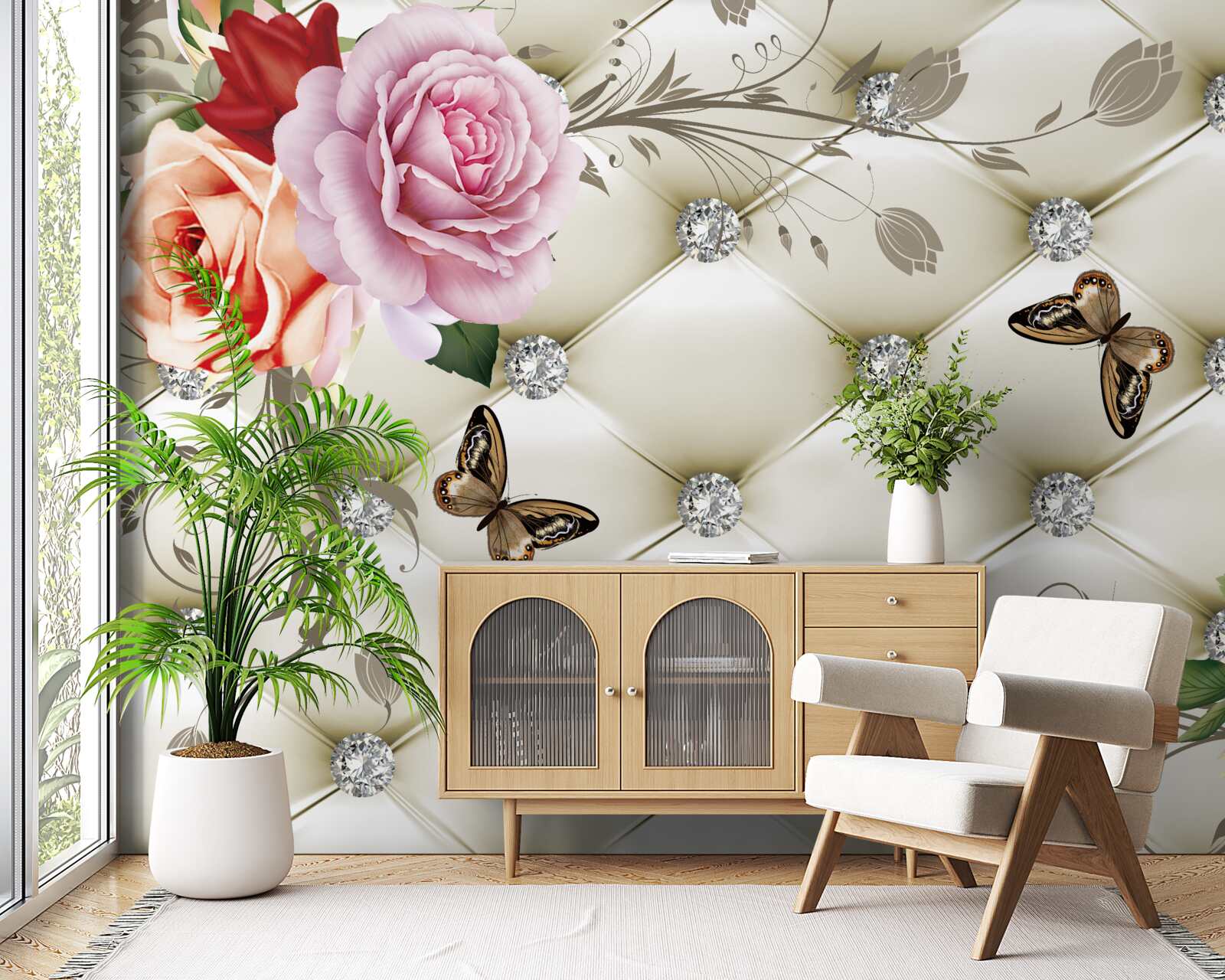 Fotobehang Muur versierd met rozen en vlinders op een witte gewatteerde achtergrond