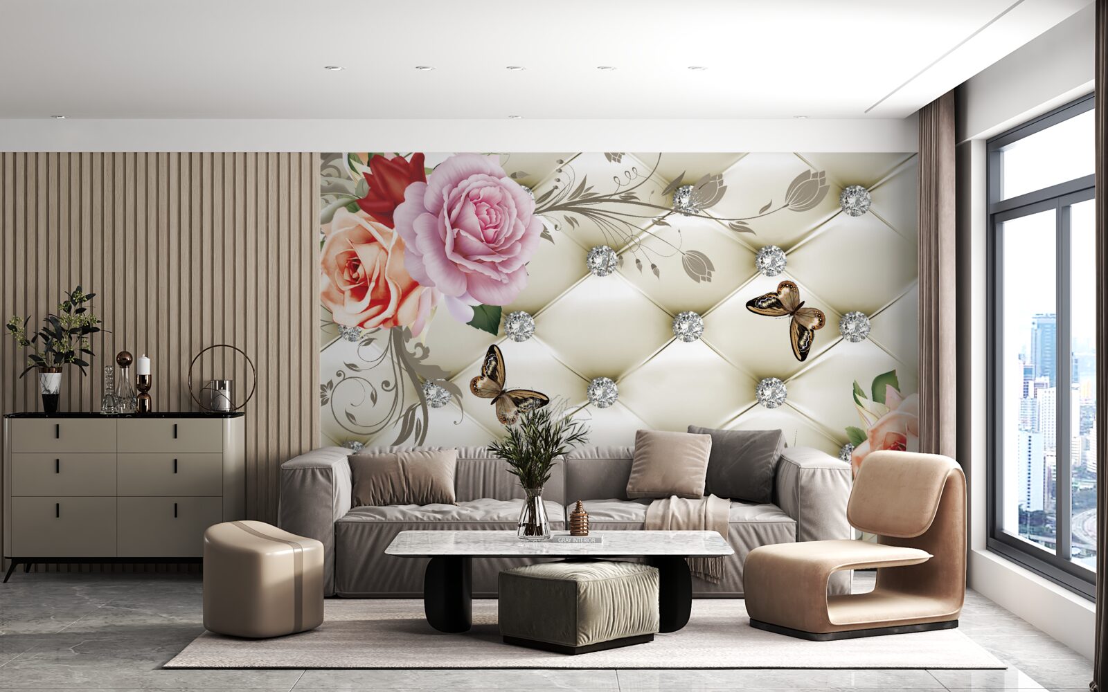 Fotobehang Muur versierd met rozen en vlinders op een witte gewatteerde achtergrond