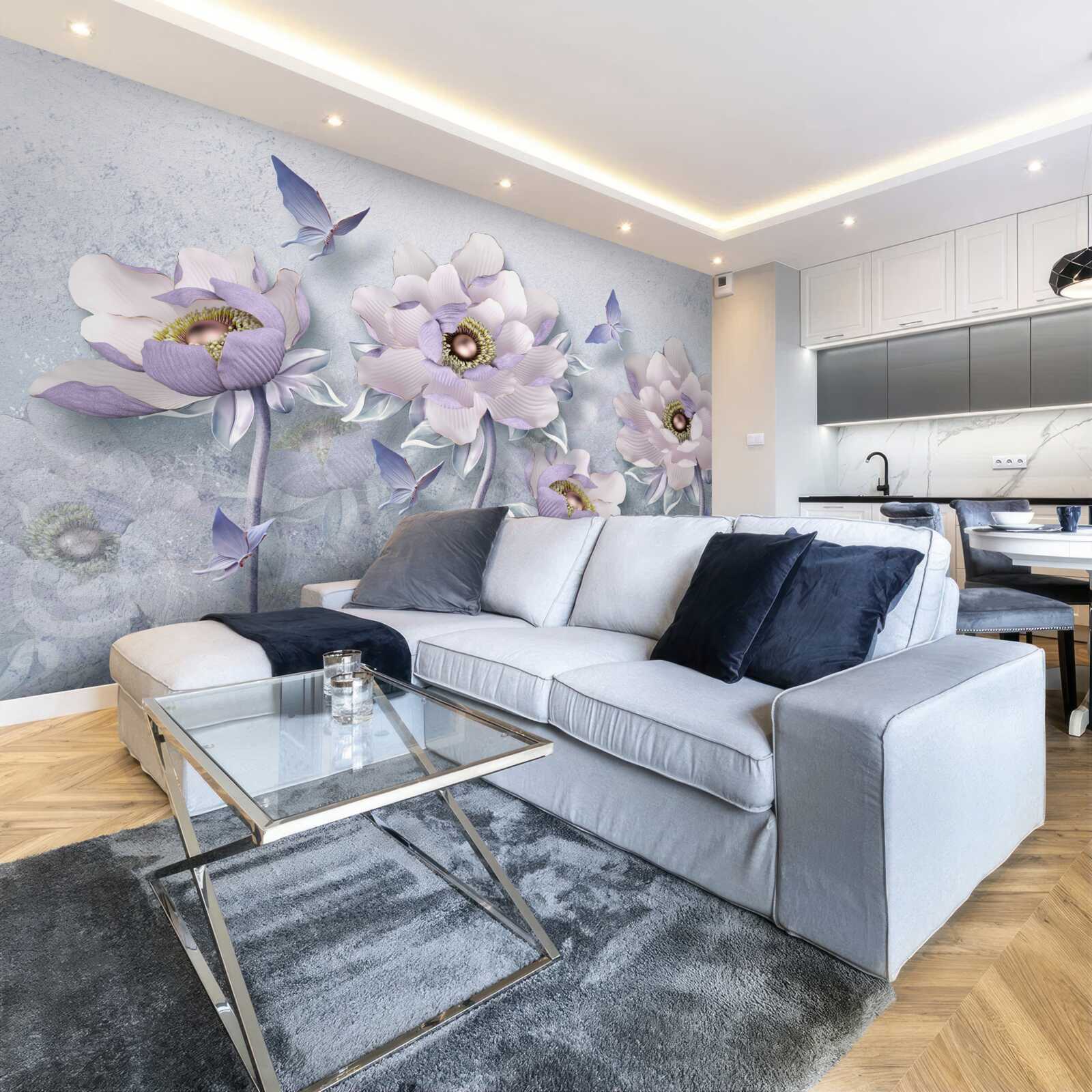 Fotobehang paarse vlinders en bloemen van uitzonderlijke delicatesse