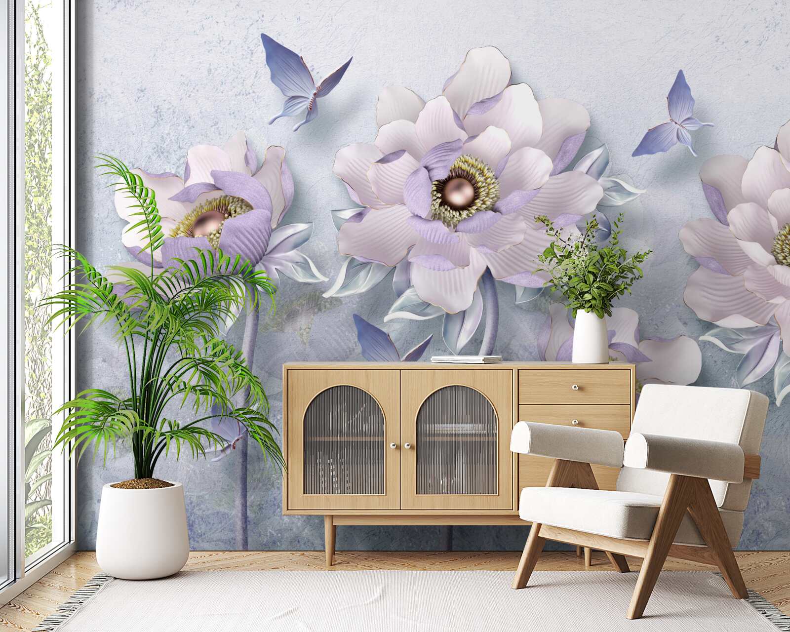 Fotobehang paarse vlinders en bloemen van uitzonderlijke delicatesse