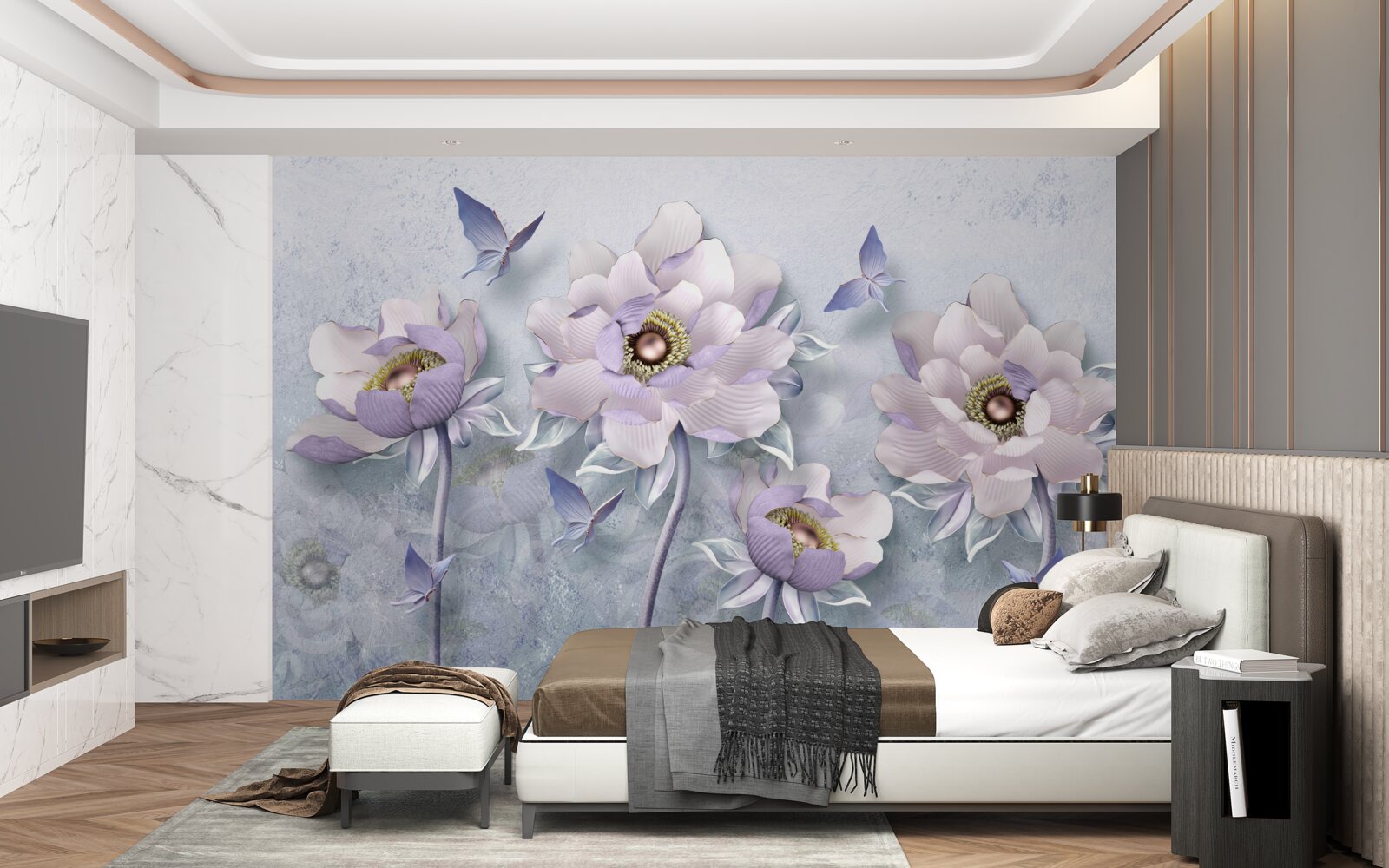 Fotobehang paarse vlinders en bloemen van uitzonderlijke delicatesse