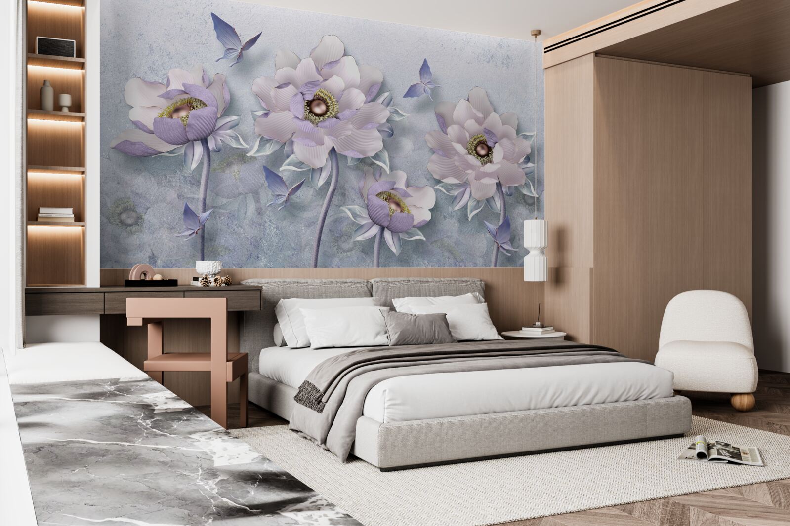 Fotobehang paarse vlinders en bloemen van uitzonderlijke delicatesse