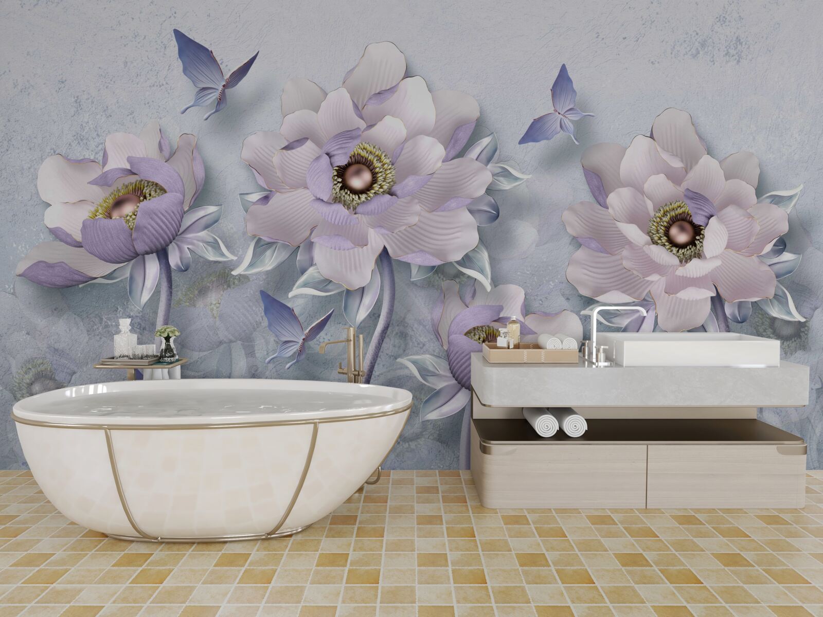 Fotobehang paarse vlinders en bloemen van uitzonderlijke delicatesse