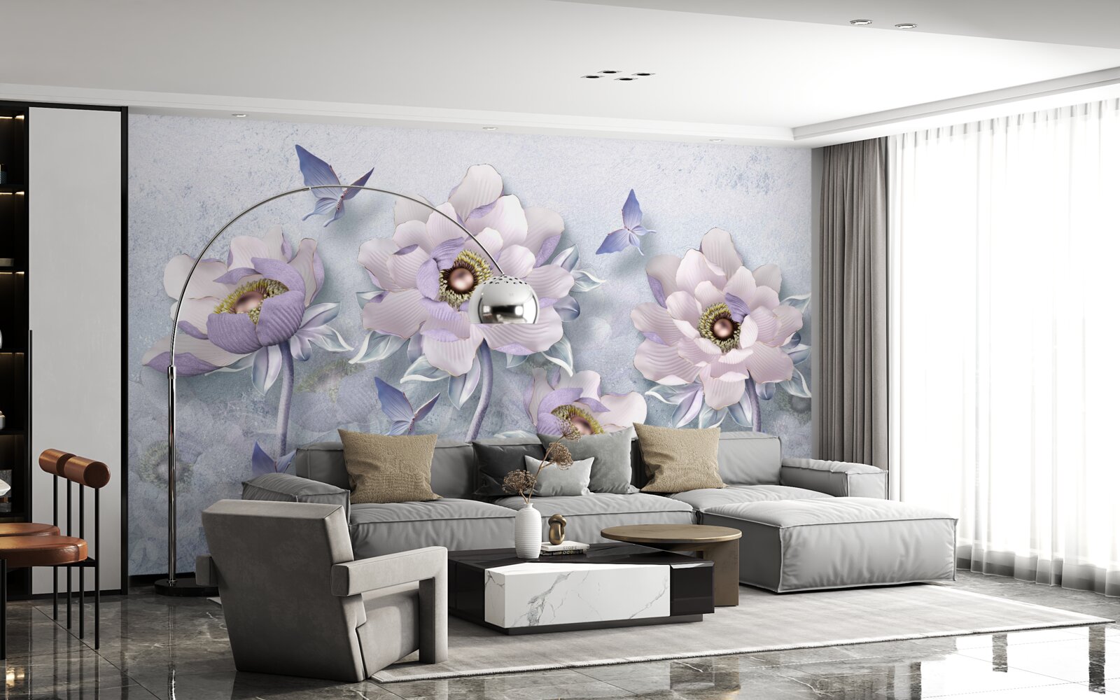 Fotobehang paarse vlinders en bloemen van uitzonderlijke delicatesse