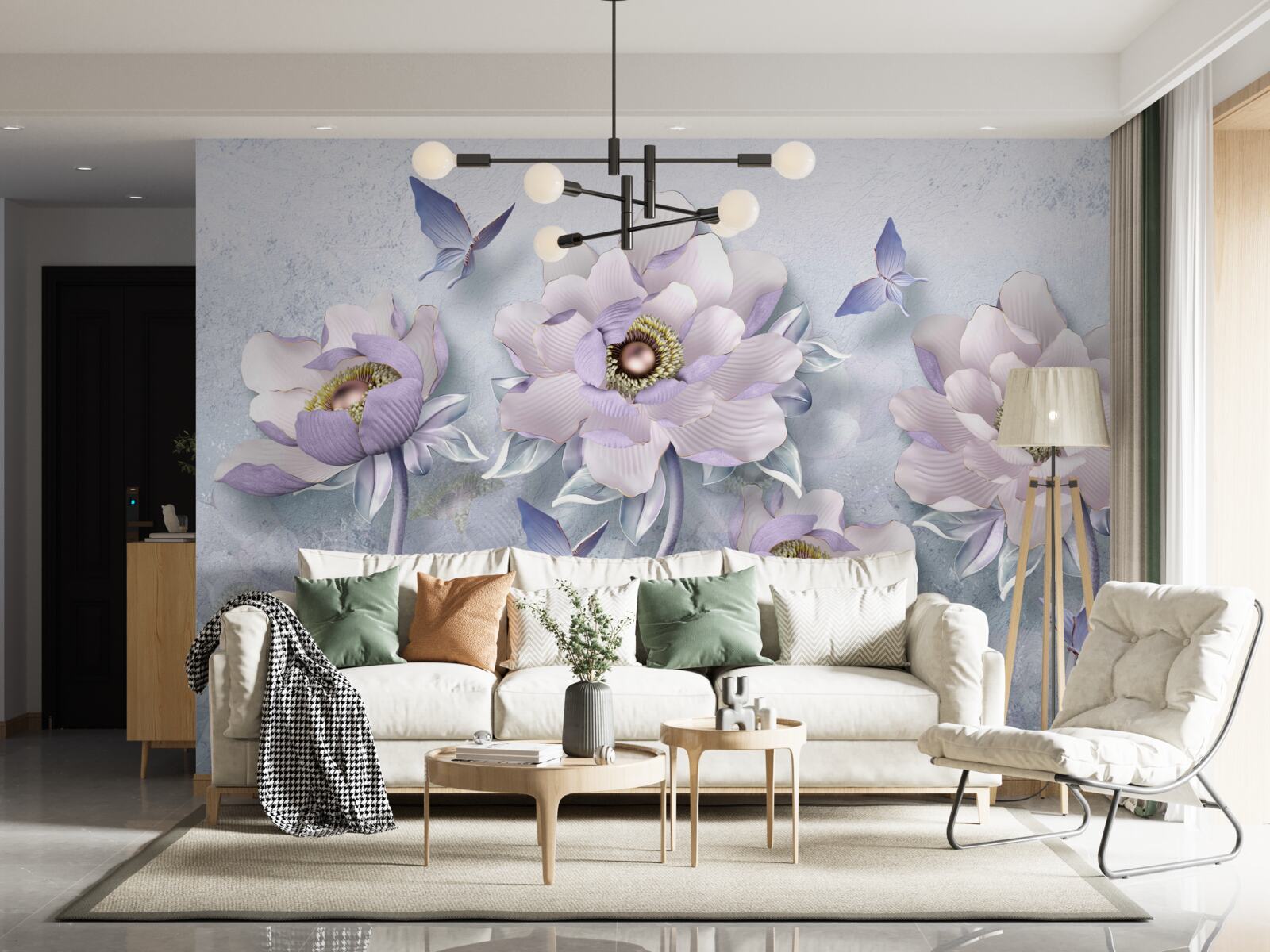 Fotobehang paarse vlinders en bloemen van uitzonderlijke delicatesse