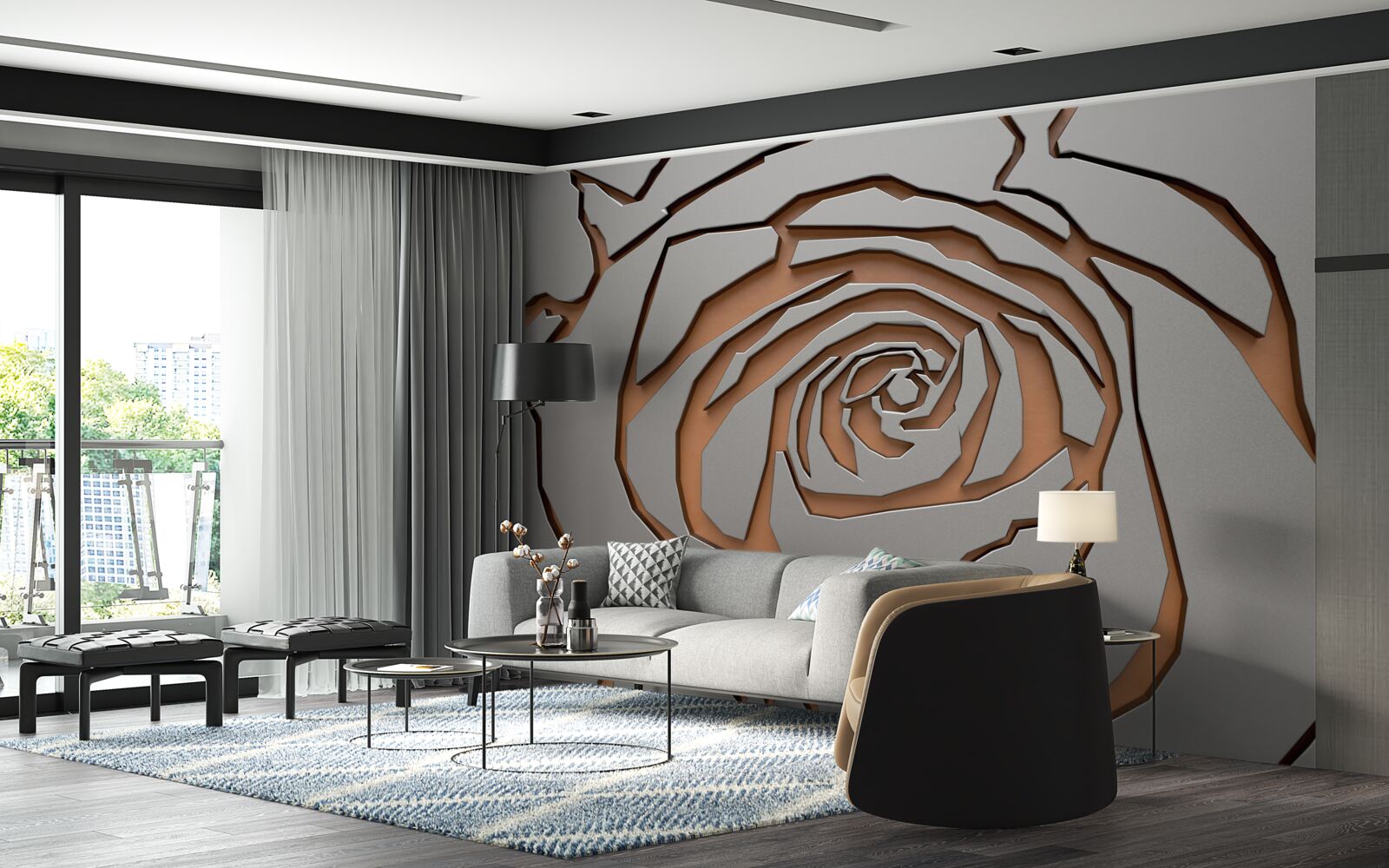 Fotobehang een grote roos is verlicht op de muur