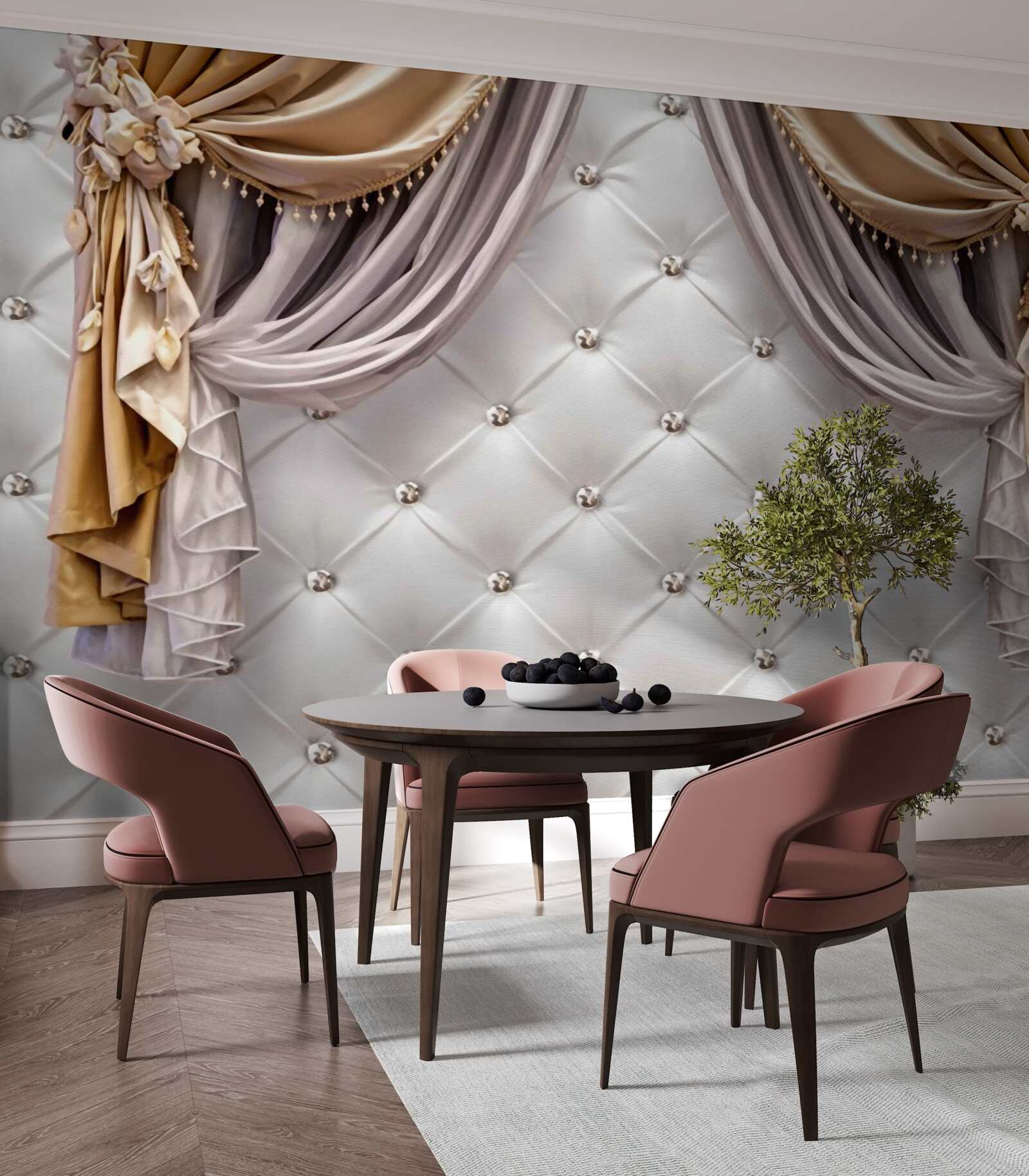 Fotobehang witte gewatteerde muur en gordijnen