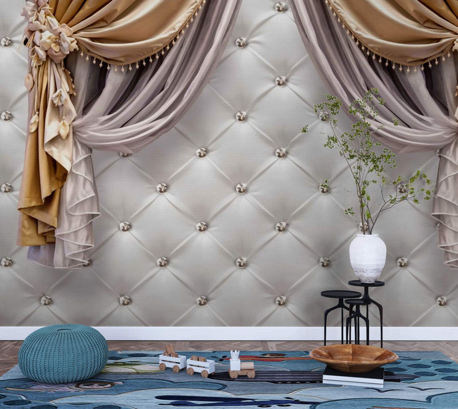 Fotobehang witte gewatteerde muur en gordijnen